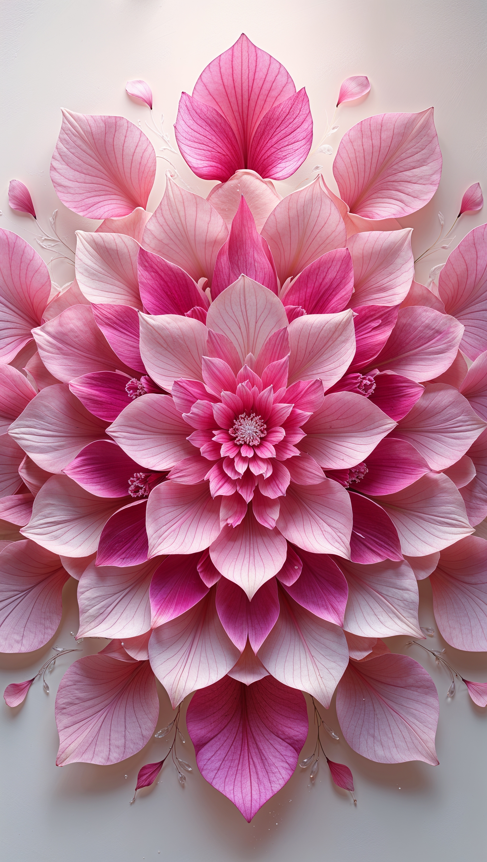 Elegant symmetrical floral arrangement of pink petals forming a mandala shape for mobile screens