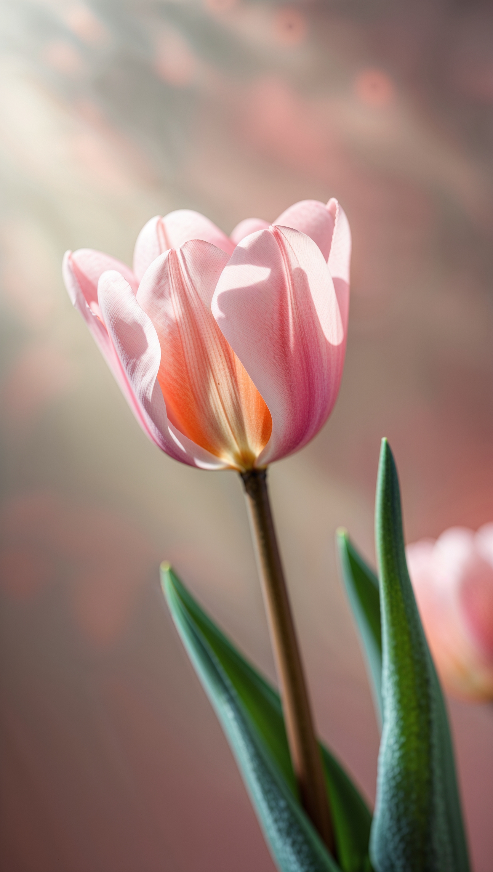Blooming pink tulip with cinematic lighting, shallow depth of field, and subtle color tones