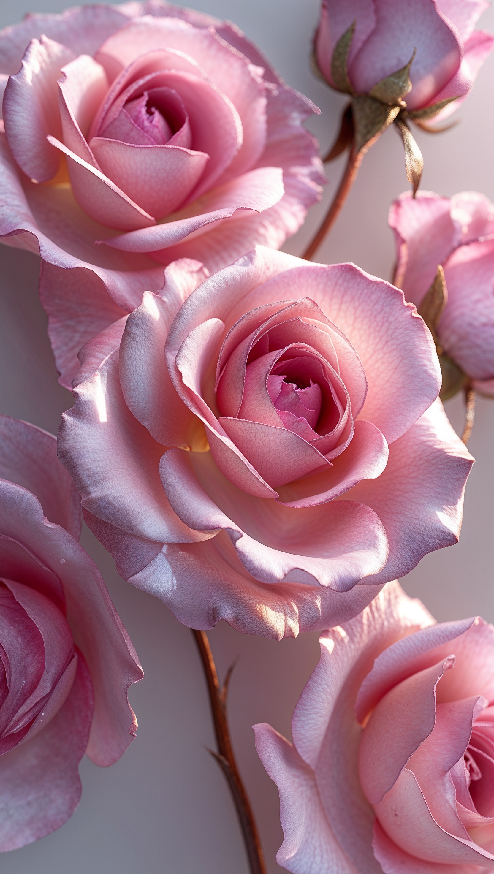 Glossy, delicate rose petals in pink shades with glowing highlights, vertical iPhone layout