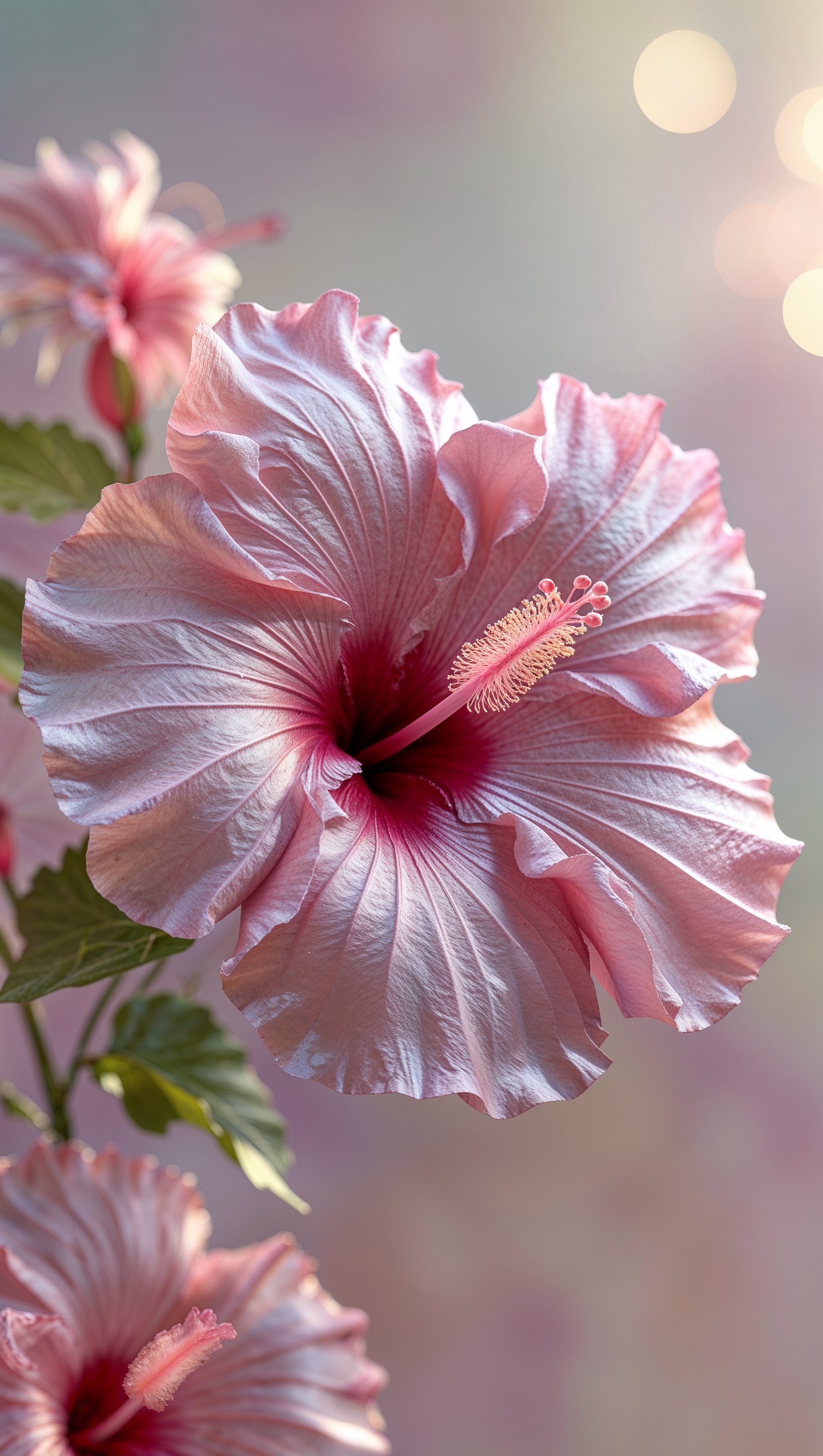 High-detail rendering of pink hibiscus flower with translucent petal texture and bokeh background