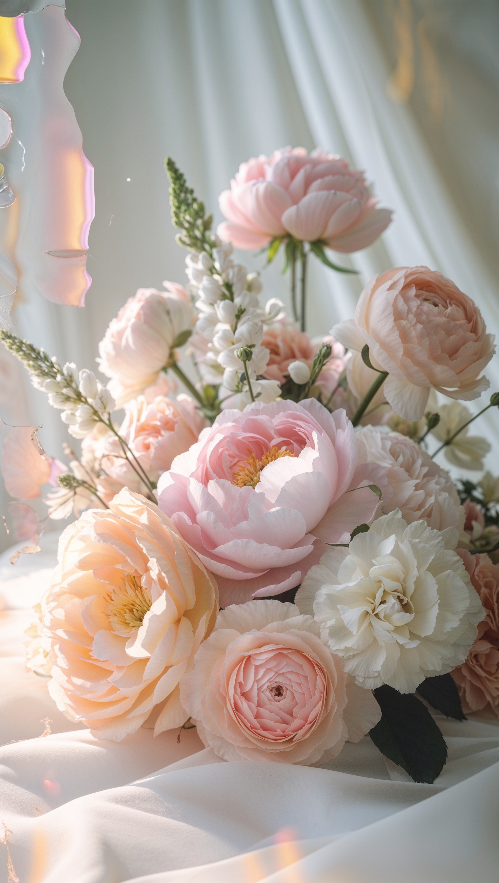 Elegant floral photography with muted tones, soft light leaks, and romantic blur