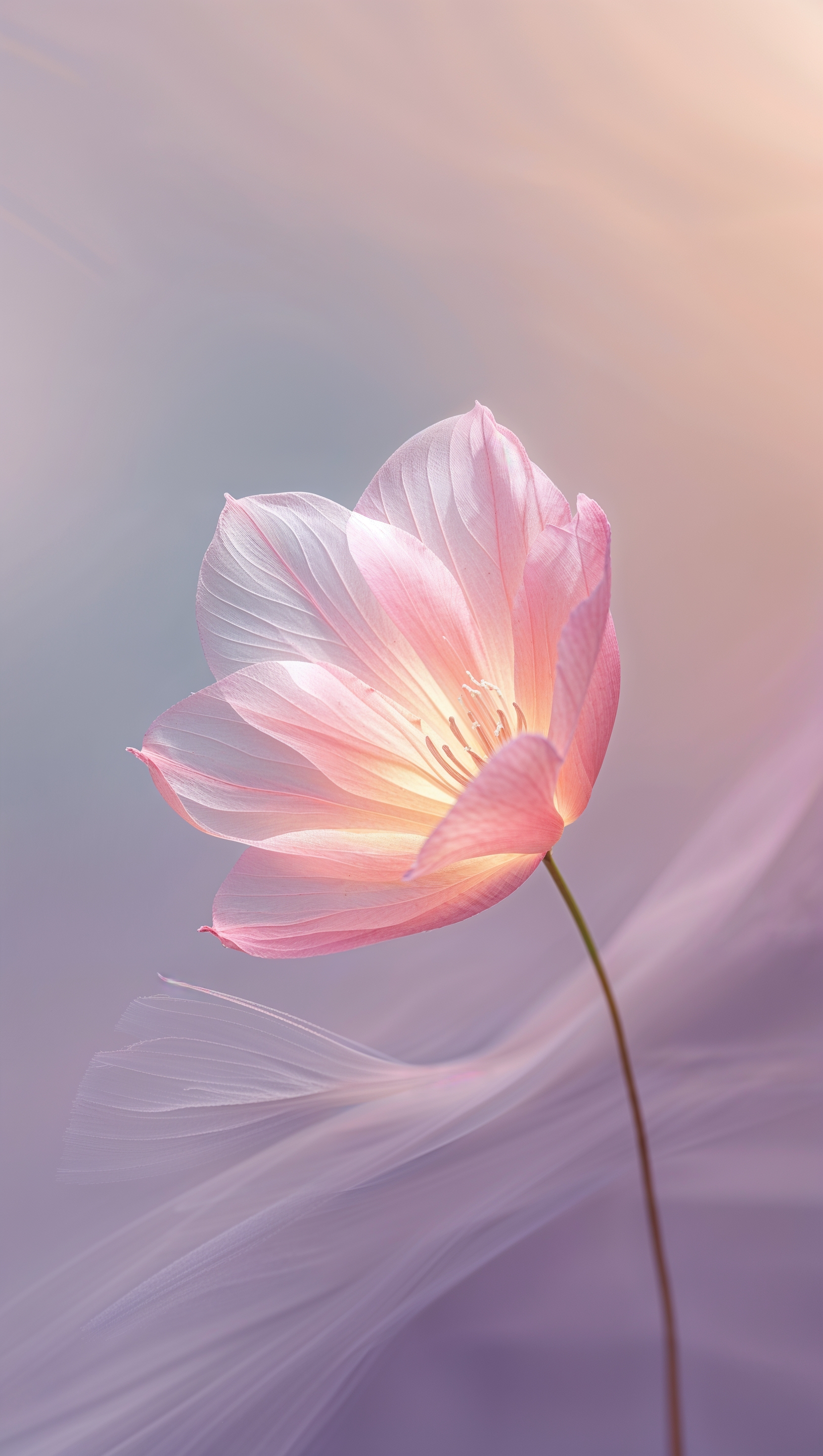 Ethereal soft pink flower glowing under gentle backlight, isolated on smooth pastel background