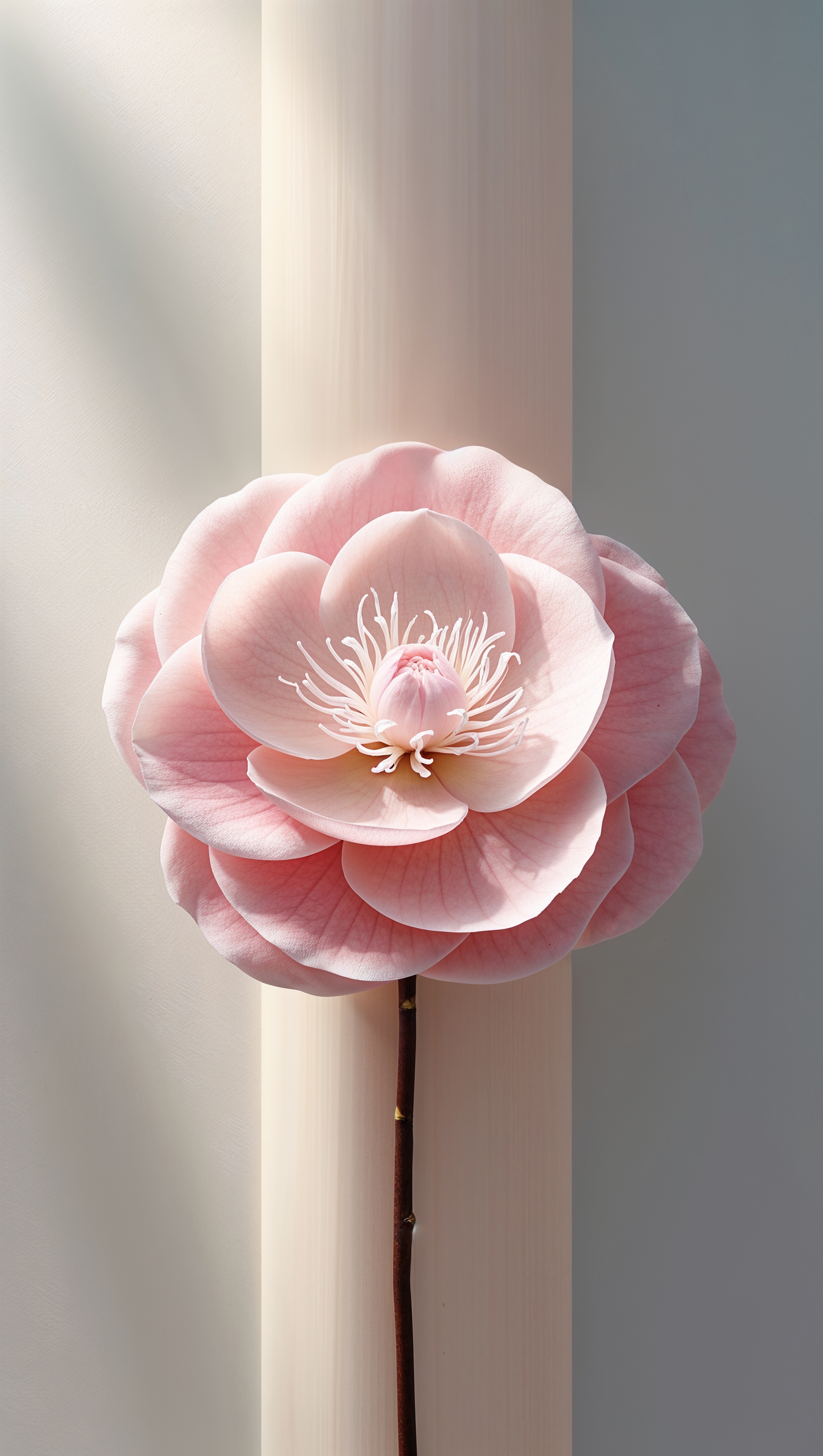 Vertical composition of a soft pink camellia with symmetrical layout and gentle shadows