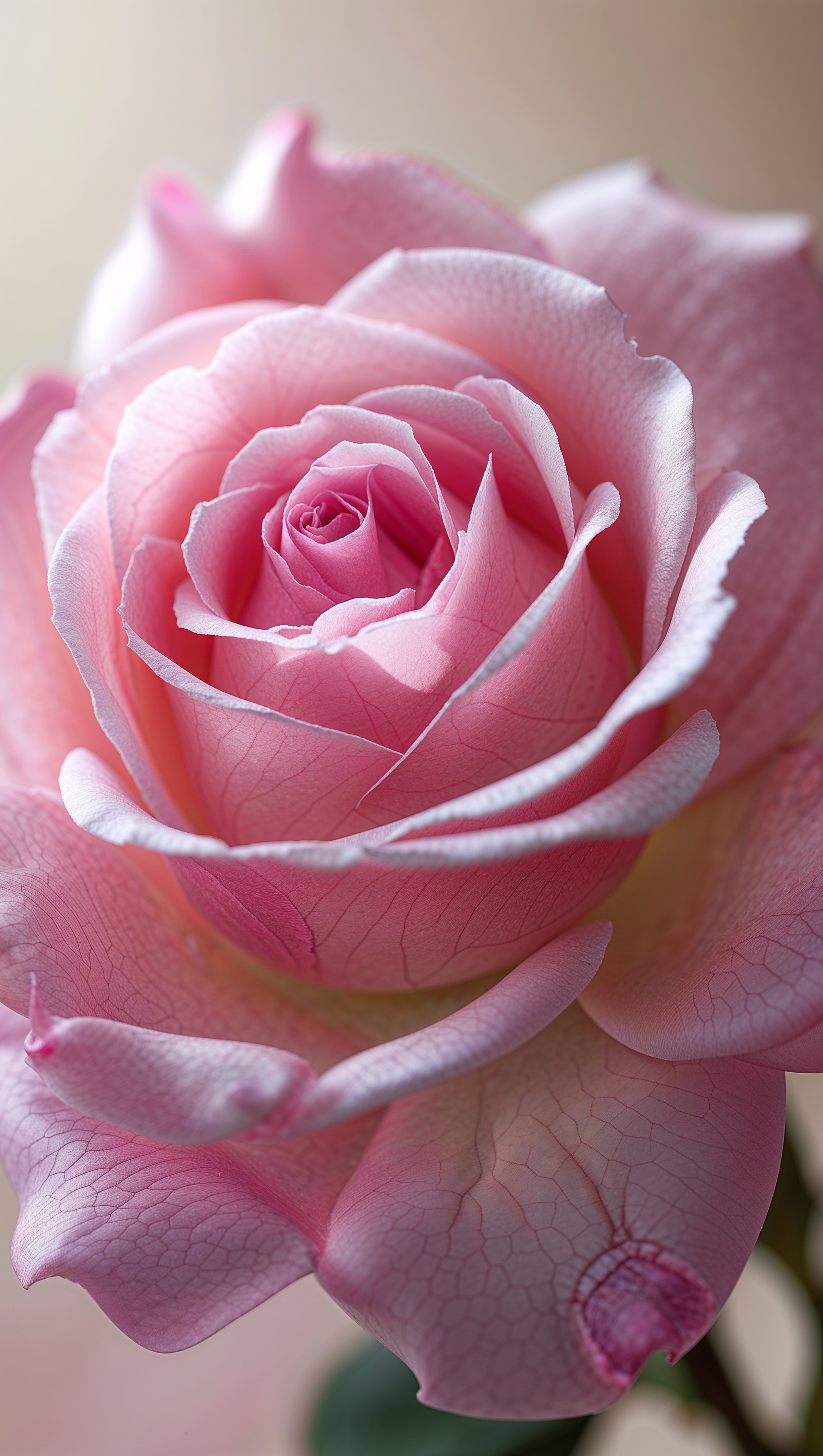 Close-up floral texture showing soft folds of a blooming pink rose, macro detail emphasized