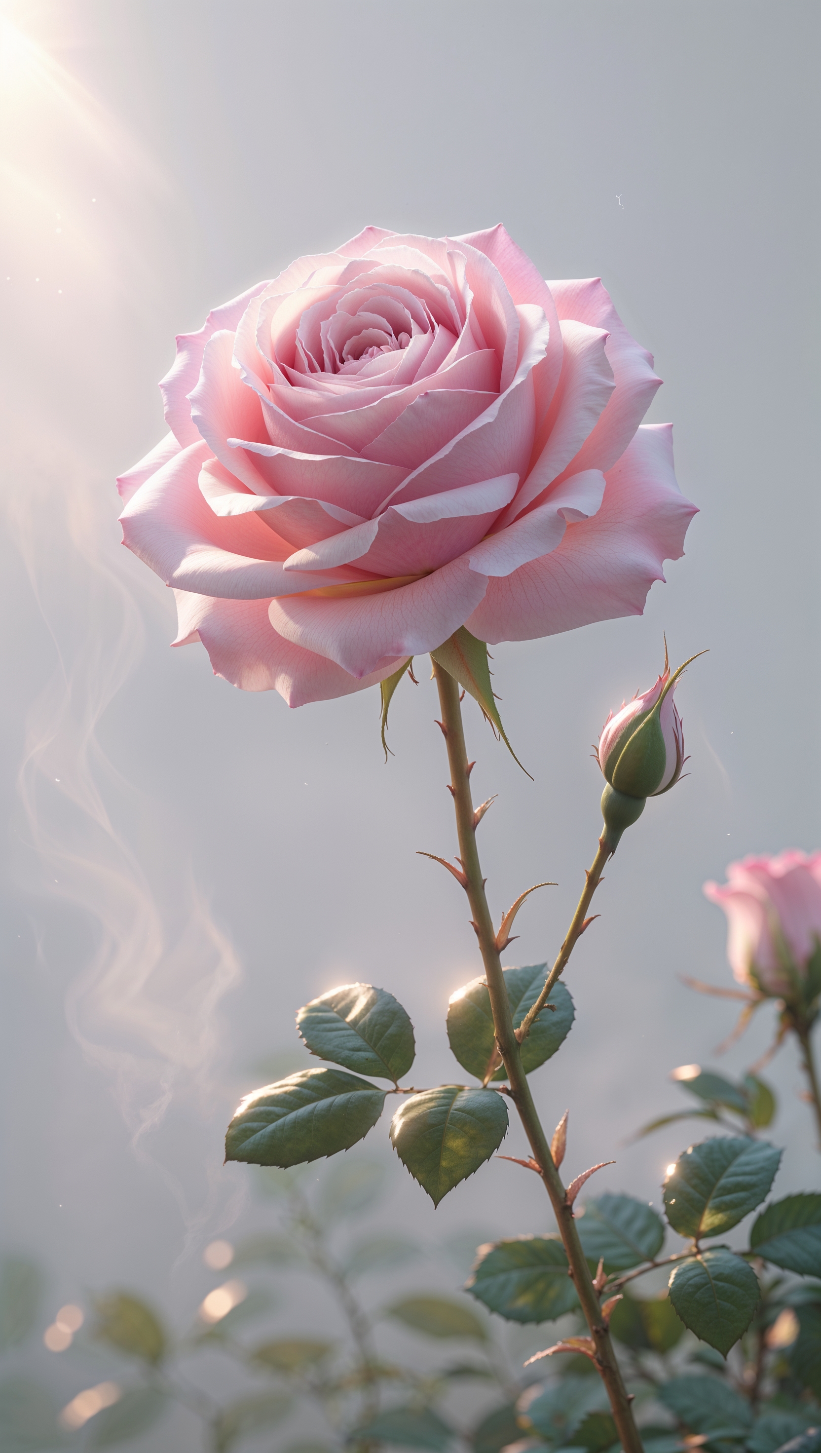 Realistic digital painting of a gentle pink garden rose, bright and calm atmosphere