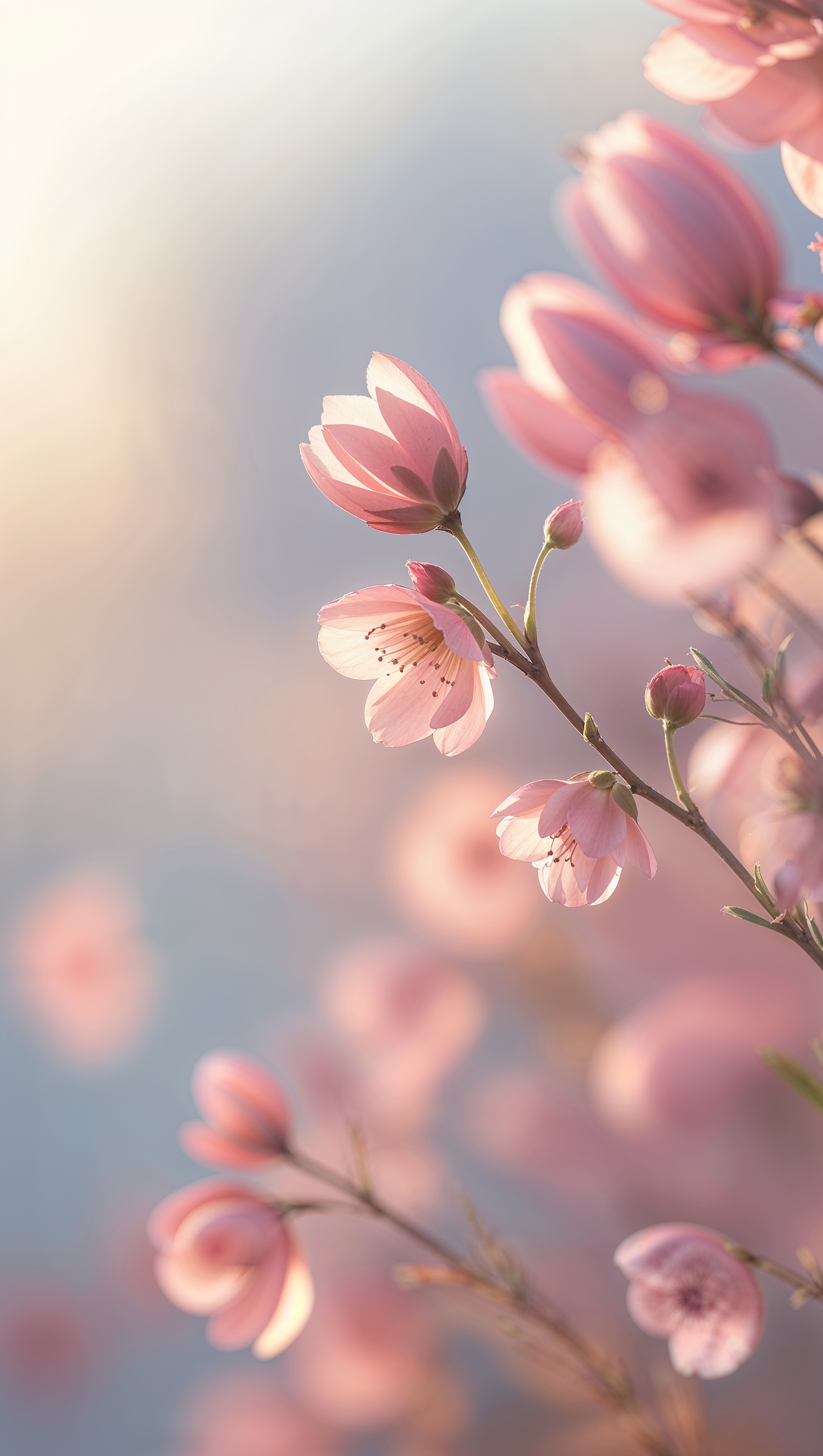 Romantic soft-focus image of blooming pink flowers in natural daylight with a dreamy atmosphere