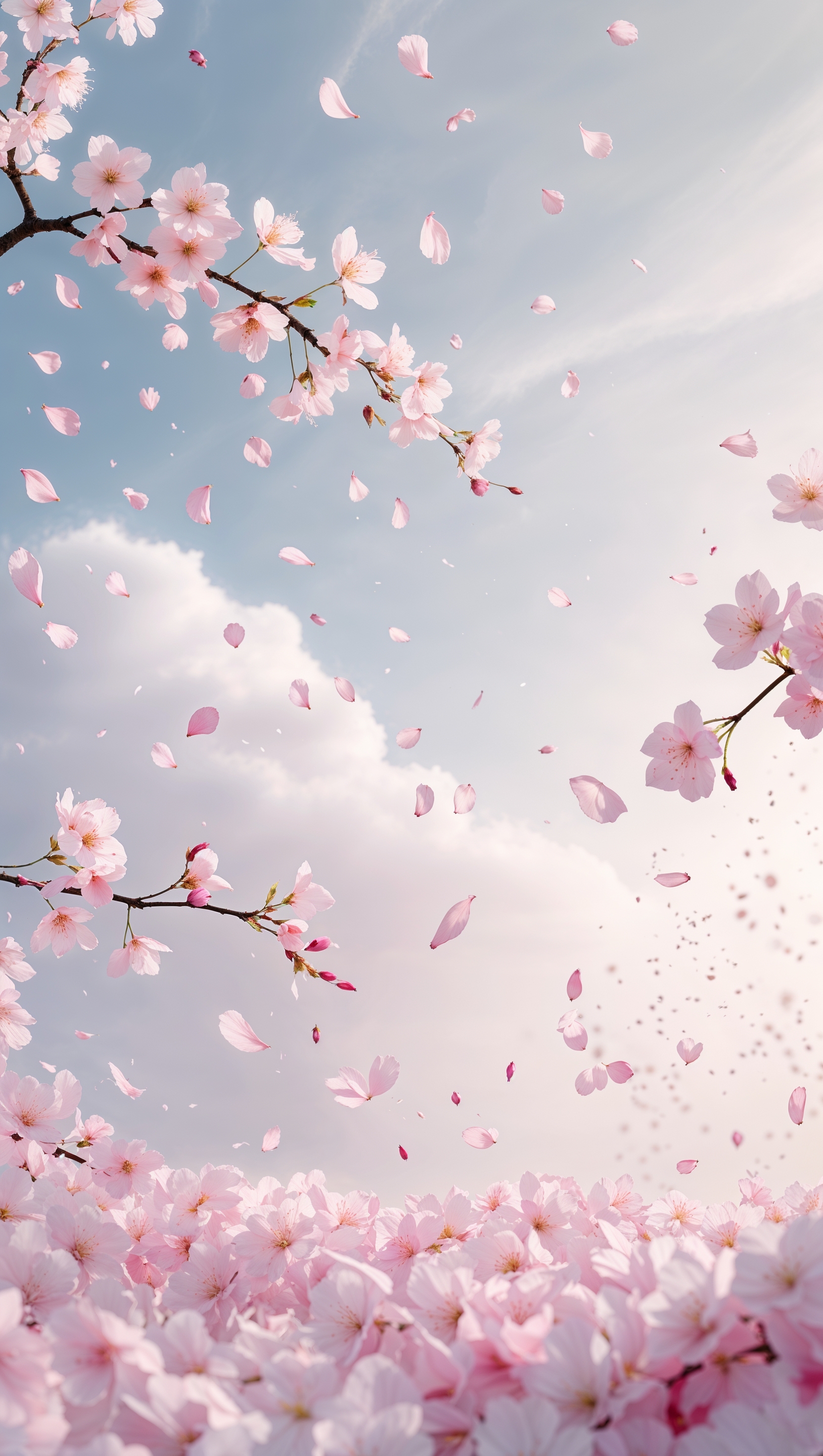 Sakura-inspired wallpaper with pink petals falling slowly against a white sky-like background