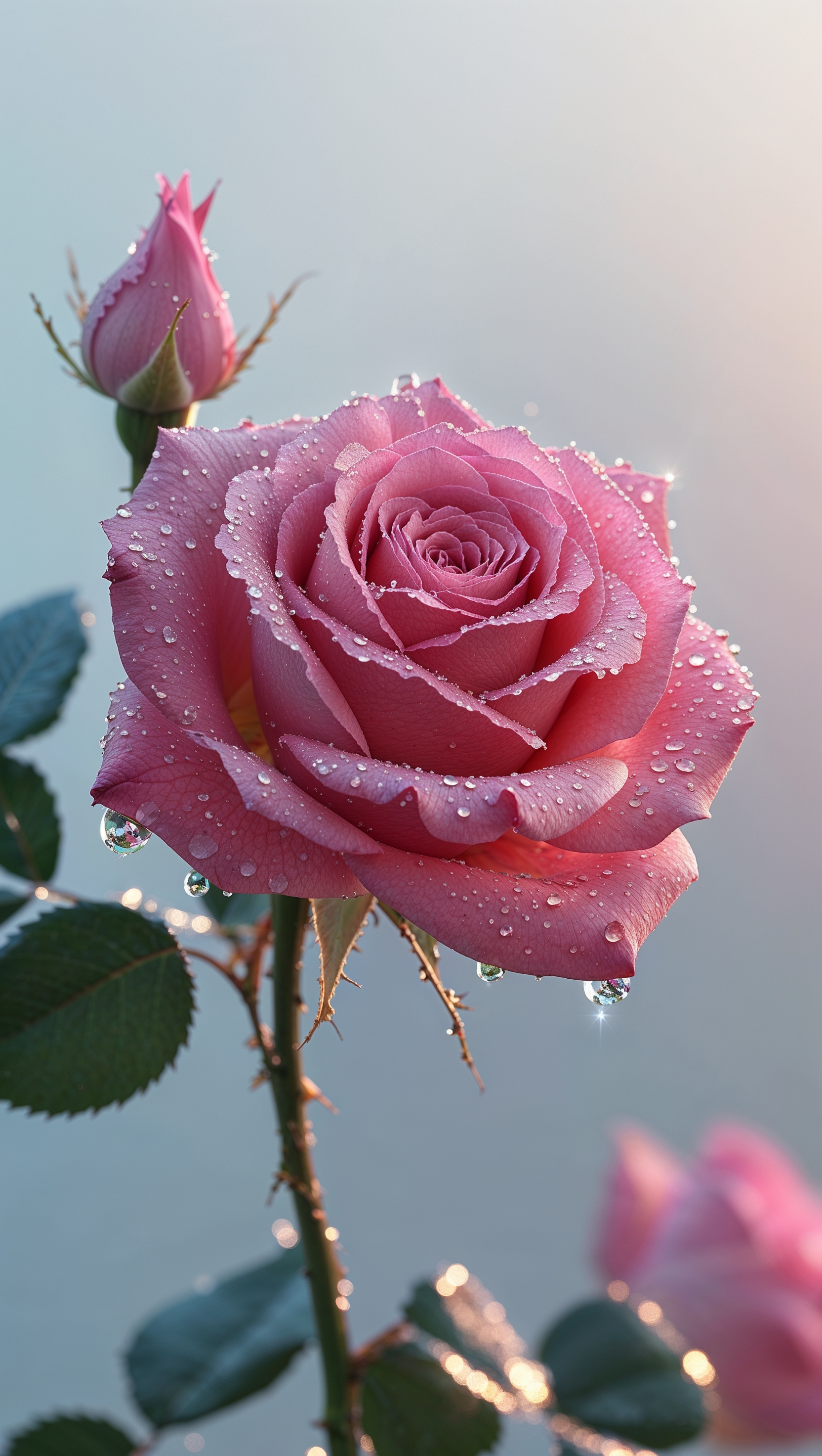 Single pink rose in soft morning light, with dewdrops on petals, vertical format for mobile wallpaper