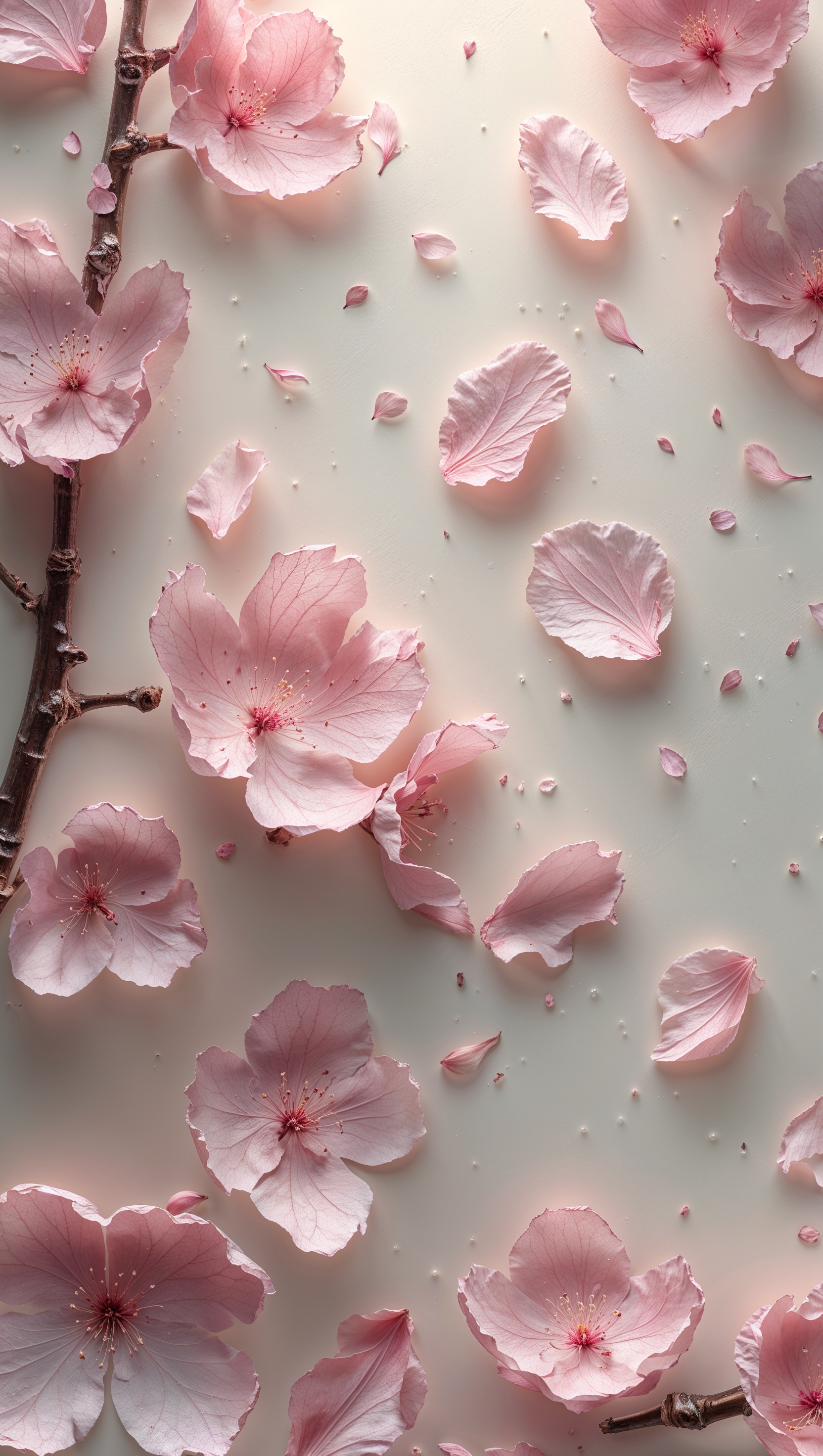 Delicate cherry blossom petals falling gently on a soft cream background, ultra-realistic details