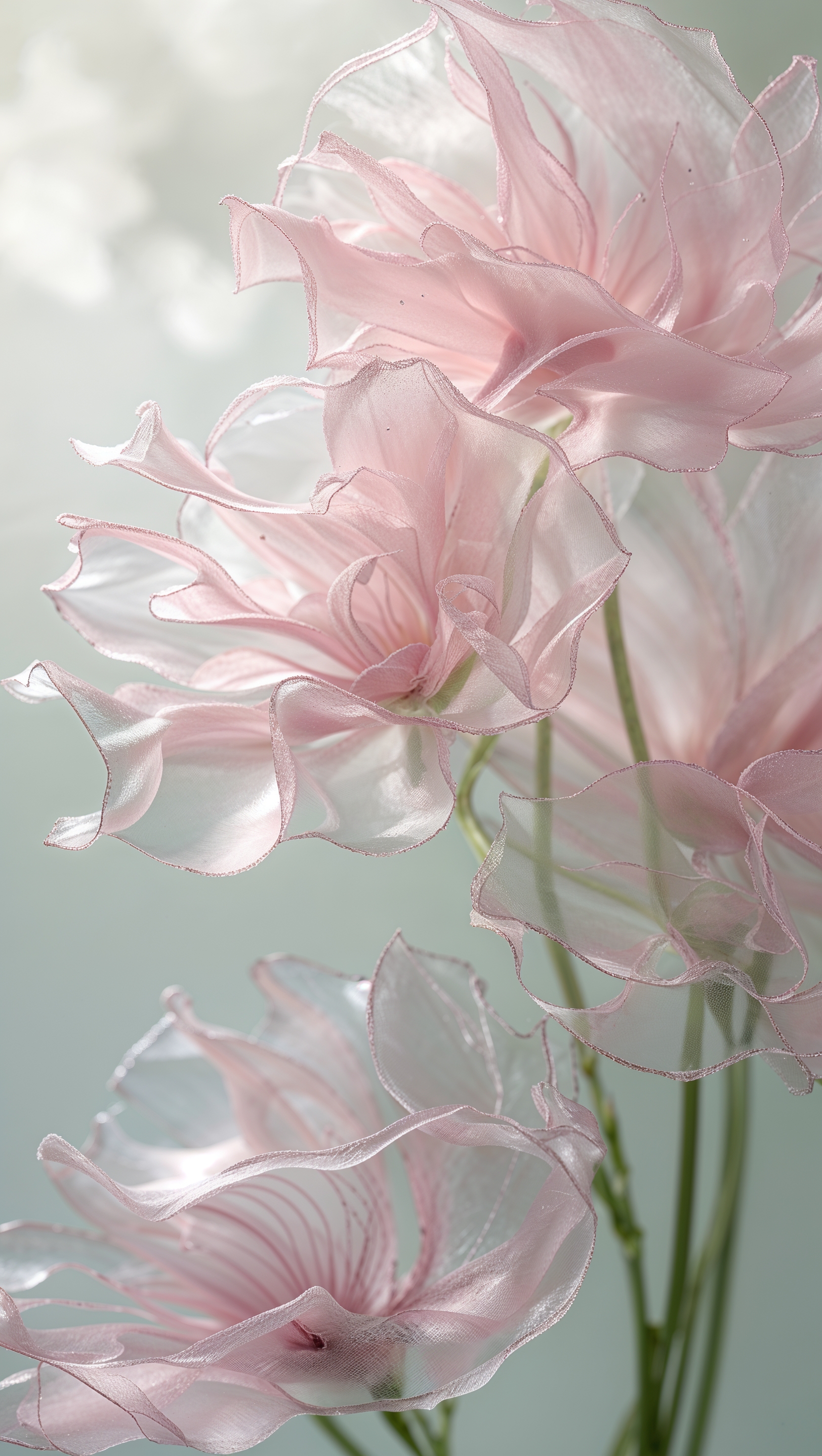 Surreal floral close-up with a focus on translucency of soft pink petals and faded green stems