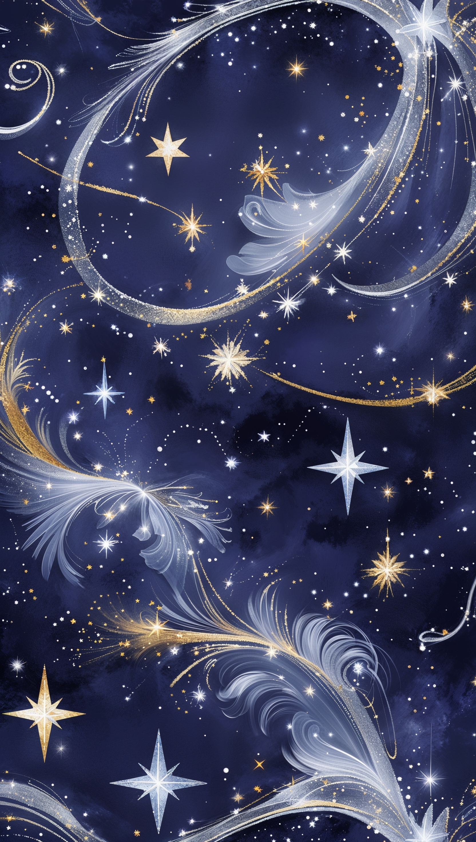 Animated-style night sky with sparkles, star trails, and soft glowing lights