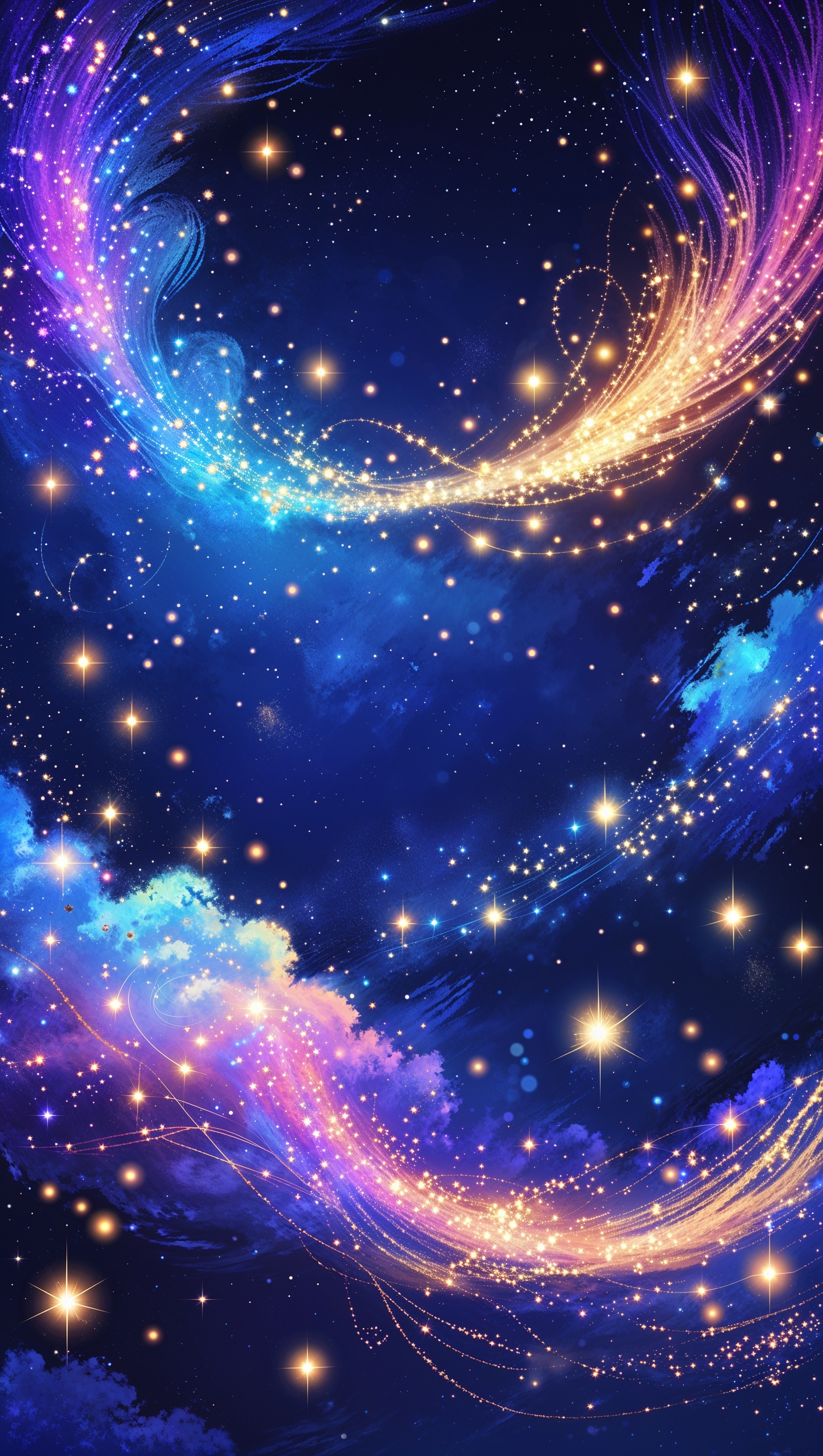 Animated-style night sky with sparkles, star trails, and soft glowing lights
