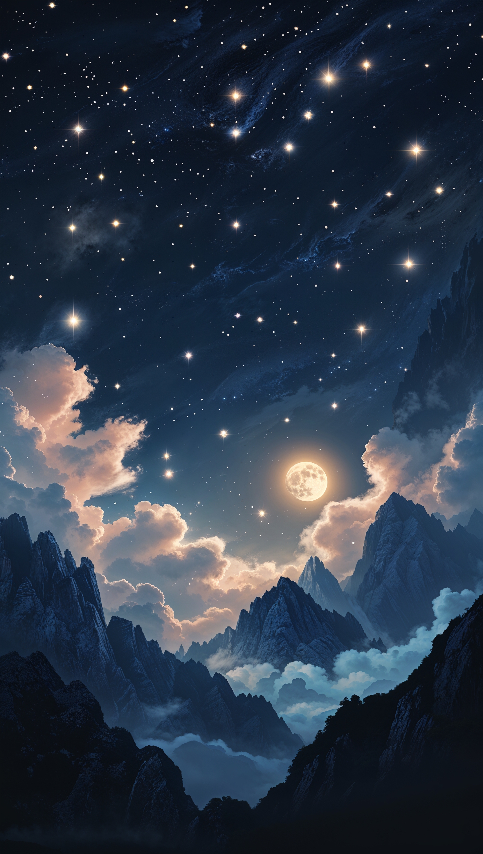 Beautiful night sky above a silhouette of mountains with stars and soft cloud glow