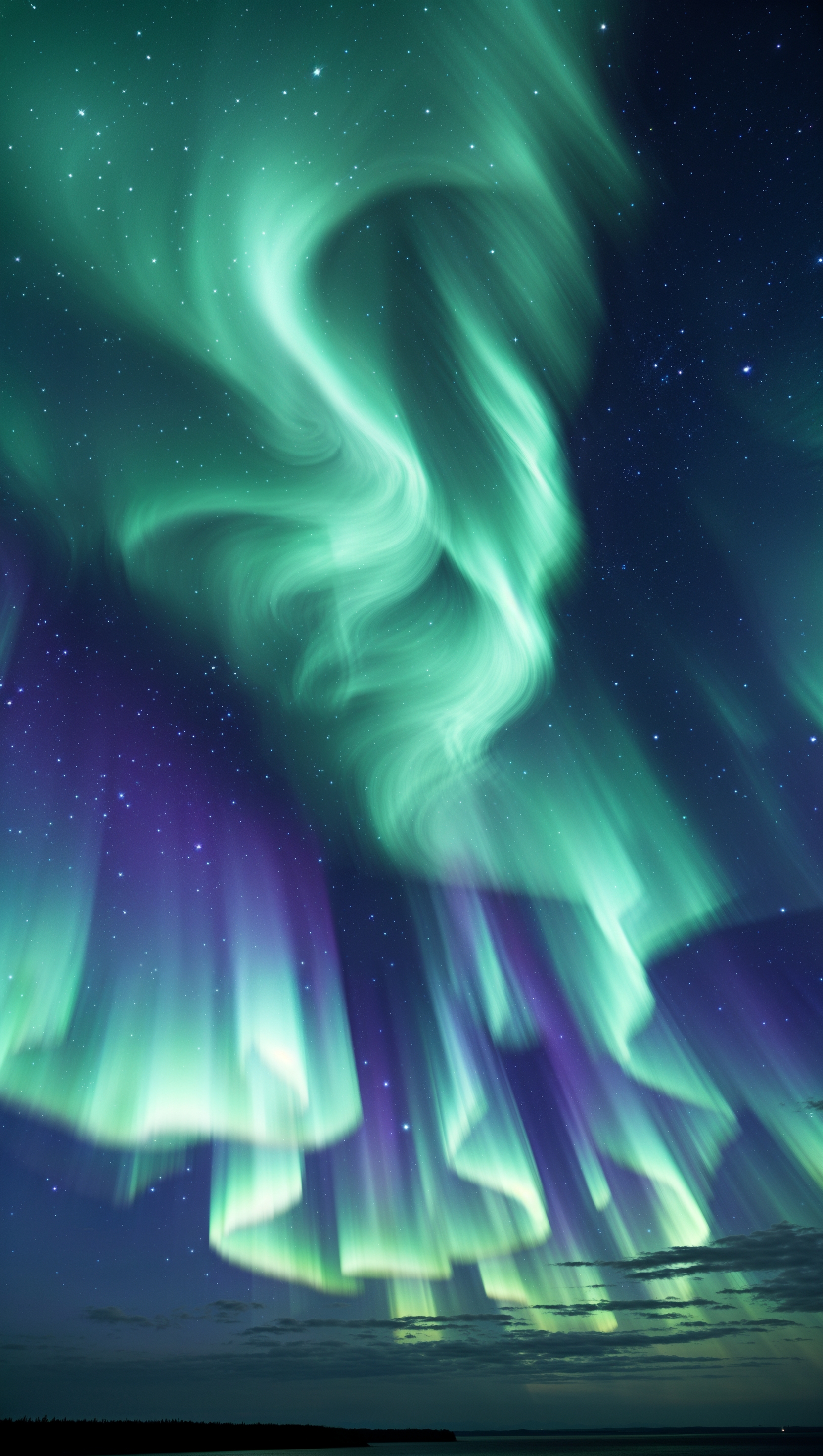 Aurora-filled night with glowing stars and northern lights blending in the sky