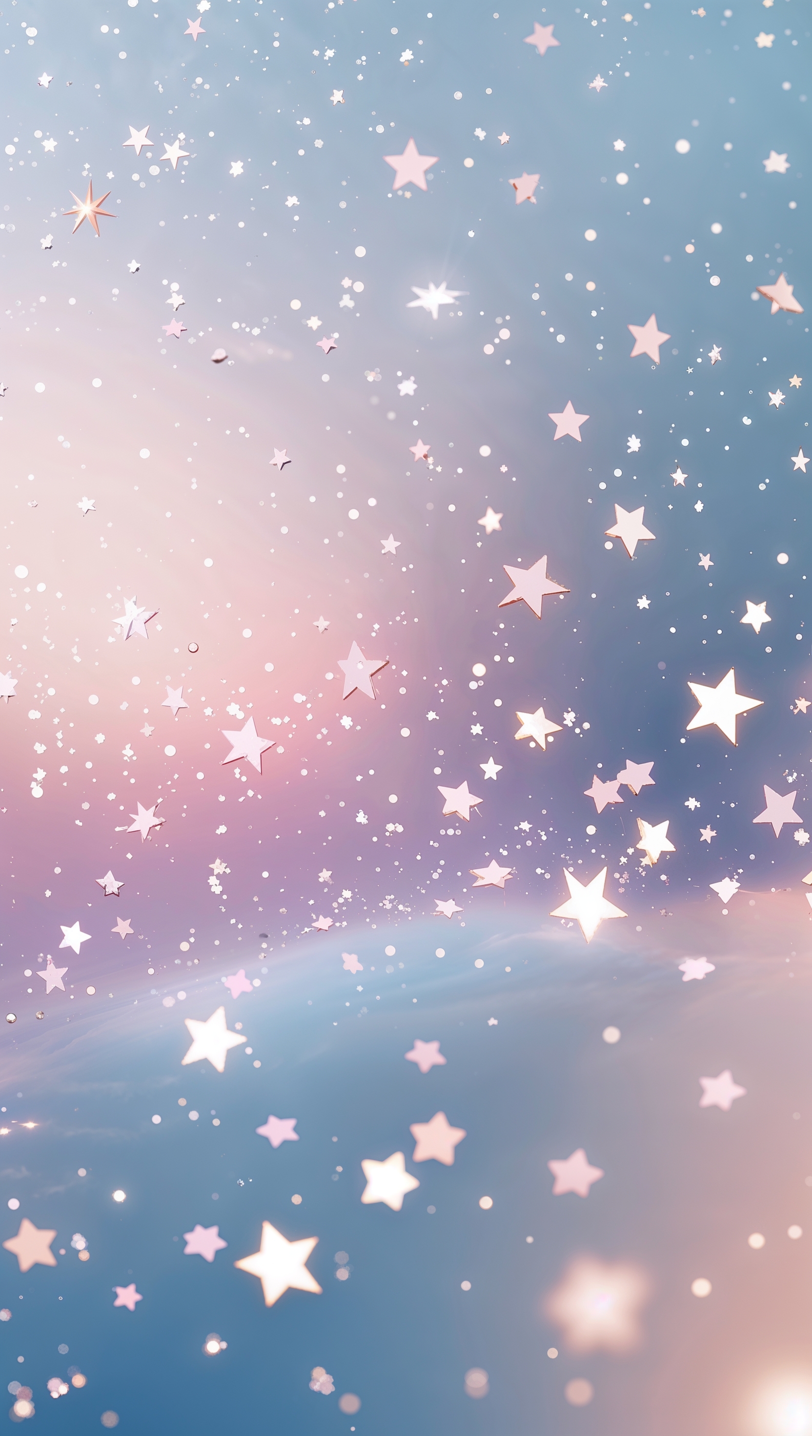 Soft pastel iPhone wallpaper featuring twinkling stars and light pink-blue gradients