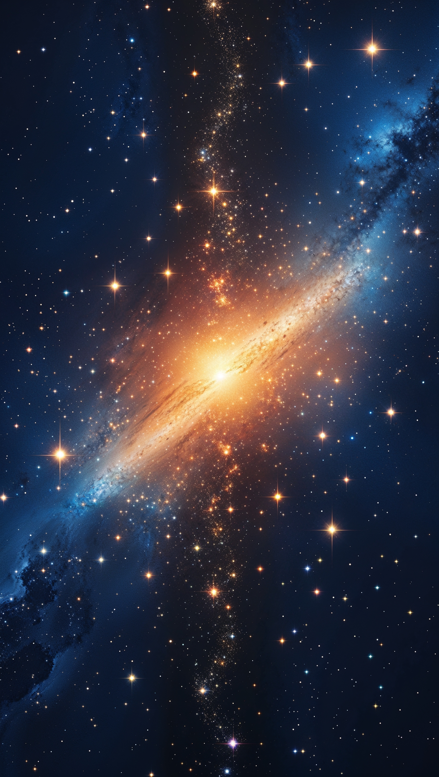 Vertical cosmic wallpaper with distant stars and a glowing galactic core in the center