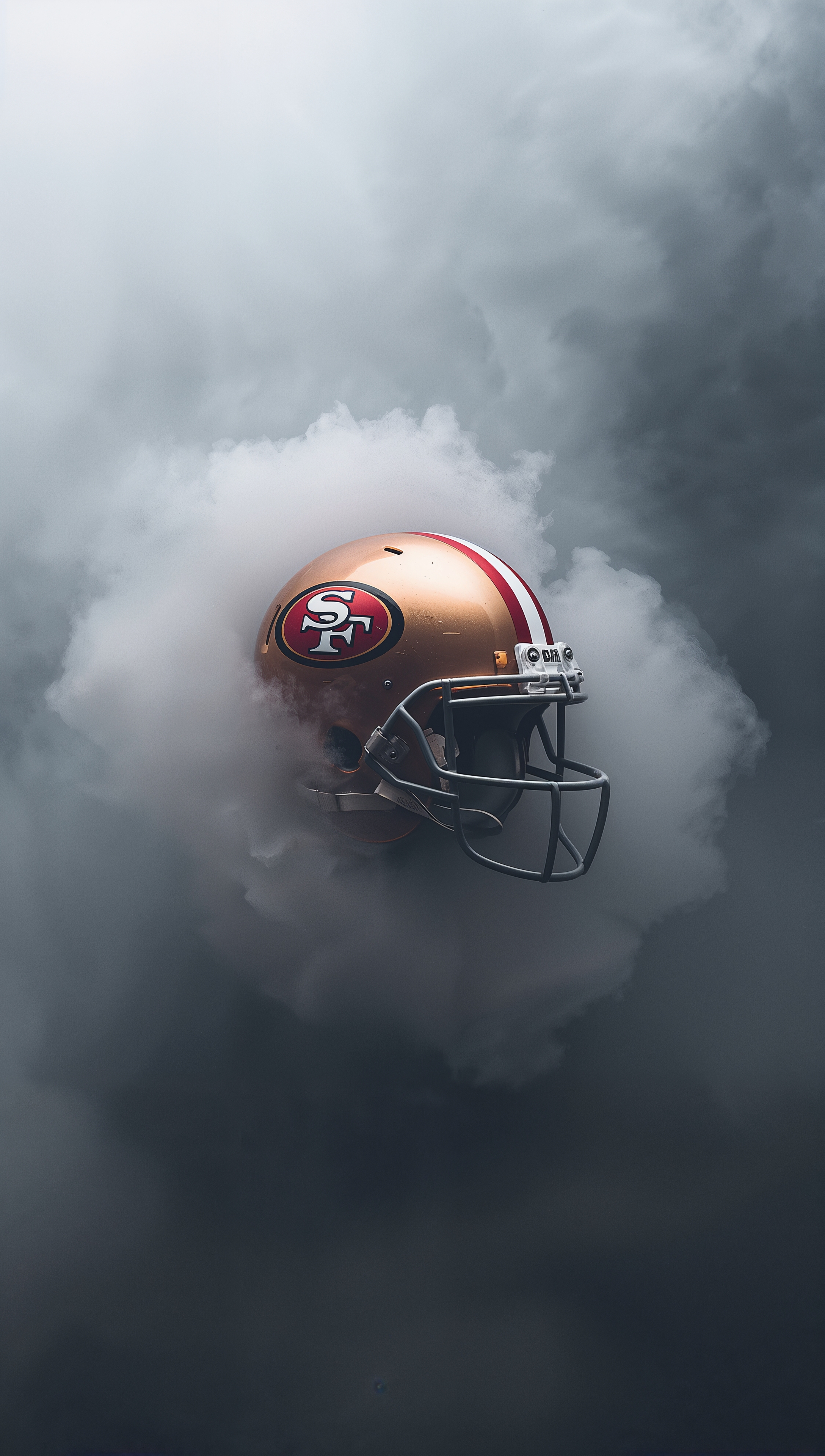 49ers iPhone wallpaper with helmet in smoke effect