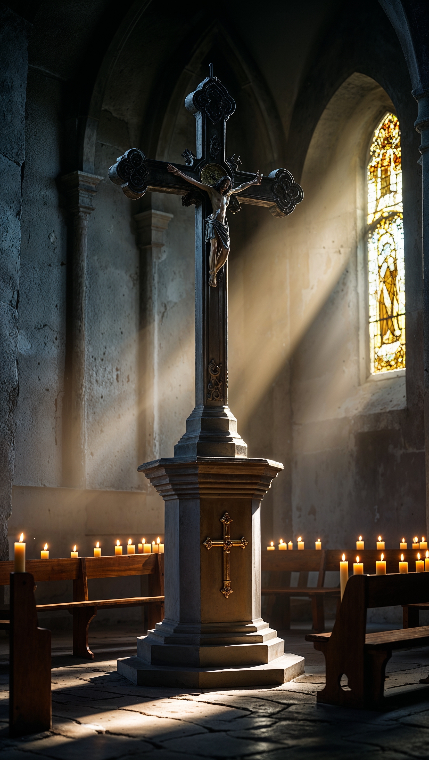 Soft light rays shining through a stained glass cross on a church wall