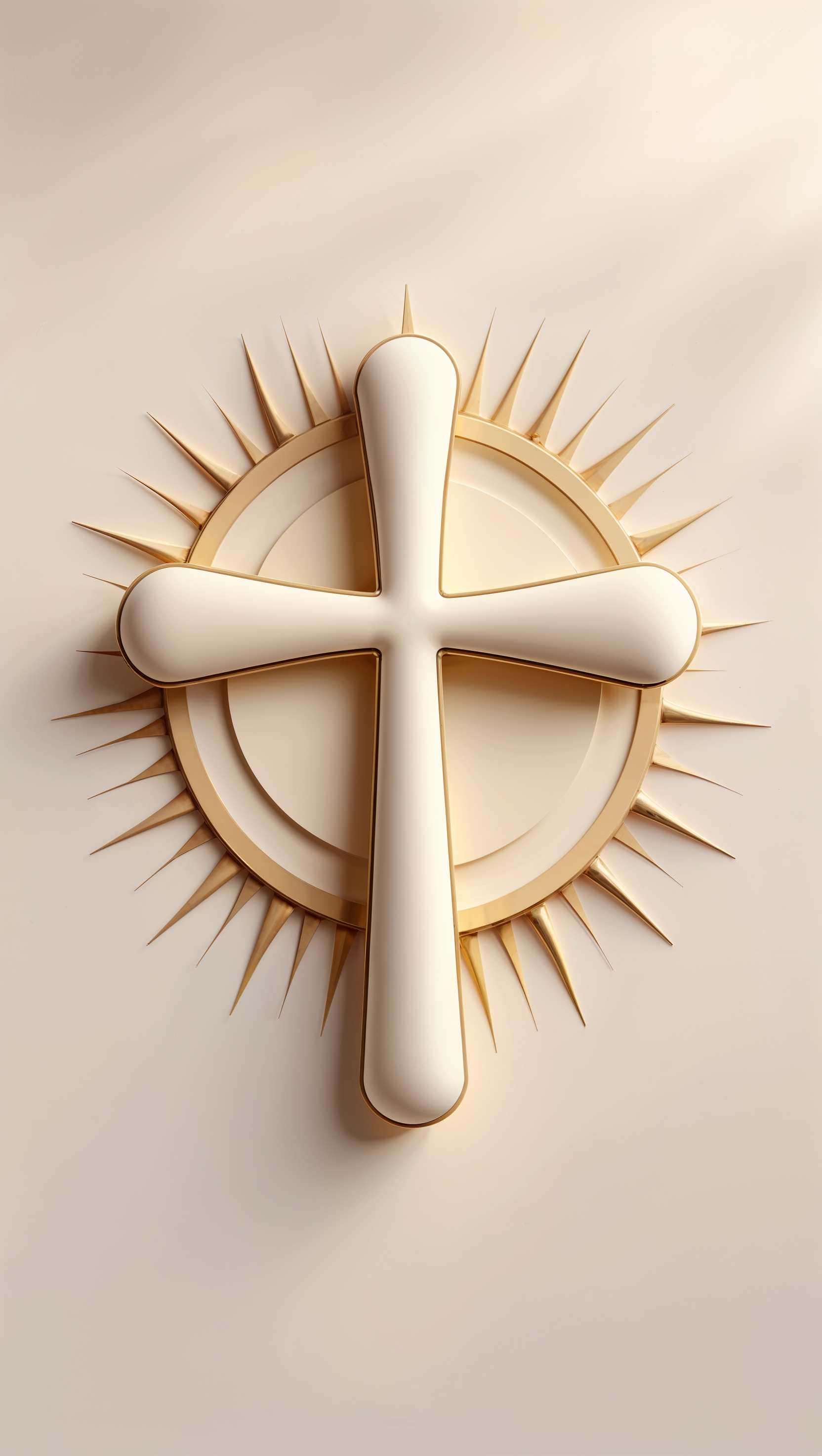 Flat modern illustration of a cross inside a sun circle, soft tones