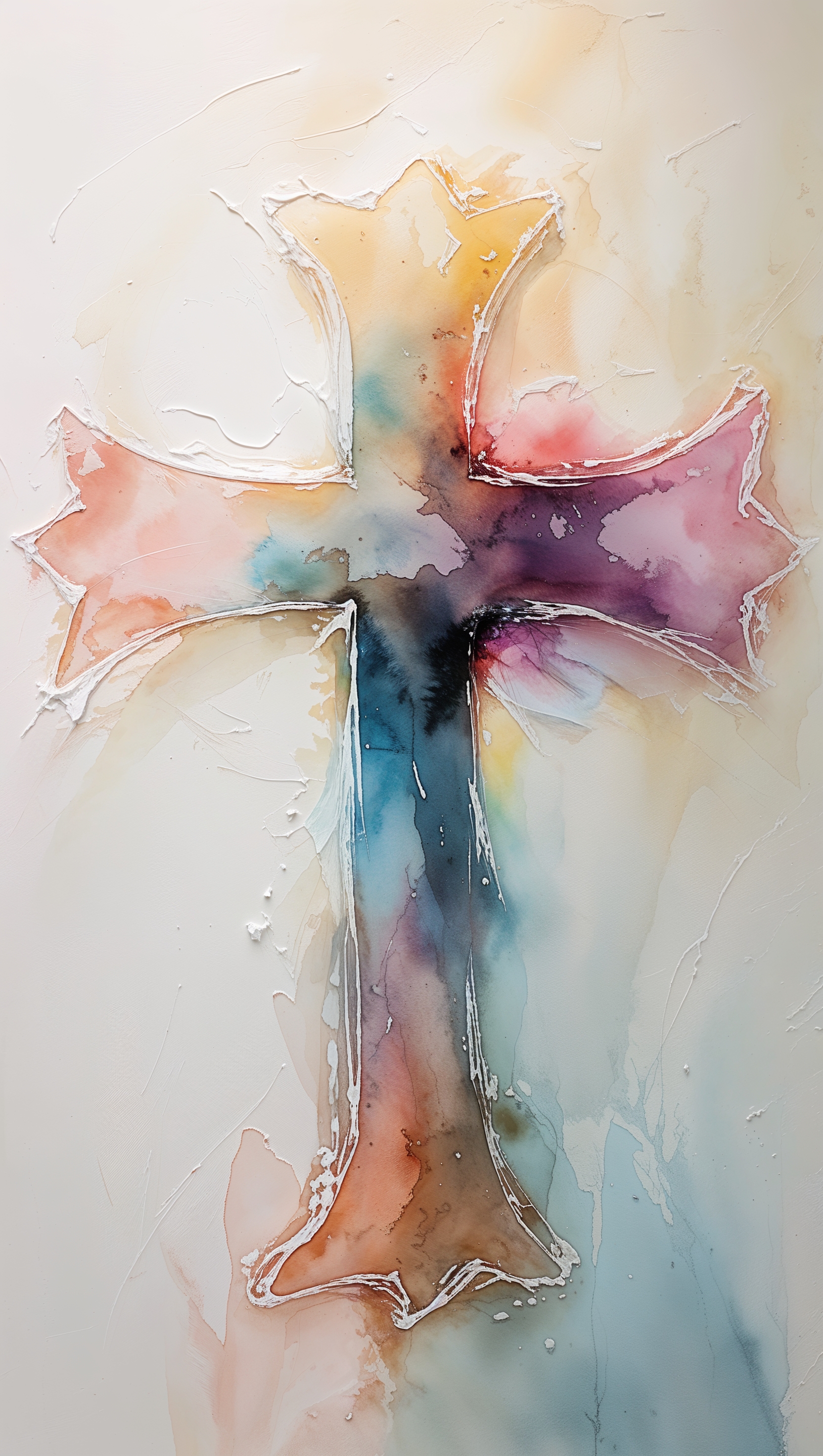 Neon-style cross glowing on textured concrete wall