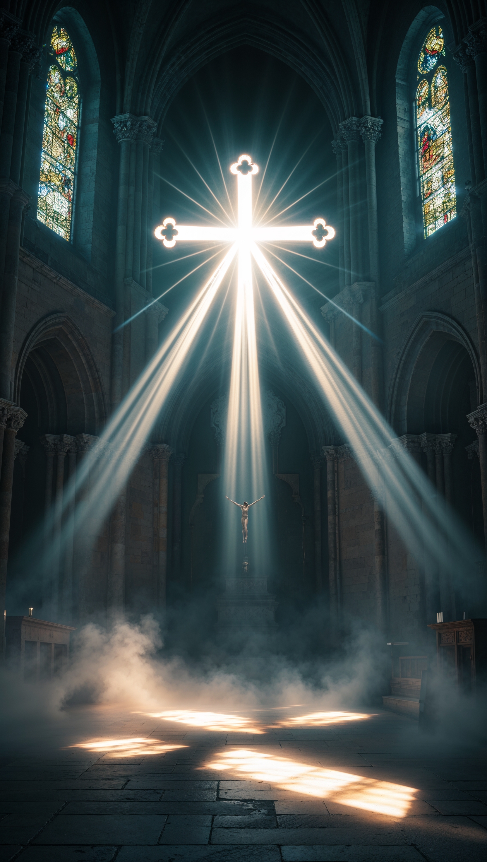 Futuristic glowing cross hovering in mist, soft sci-fi glow effect