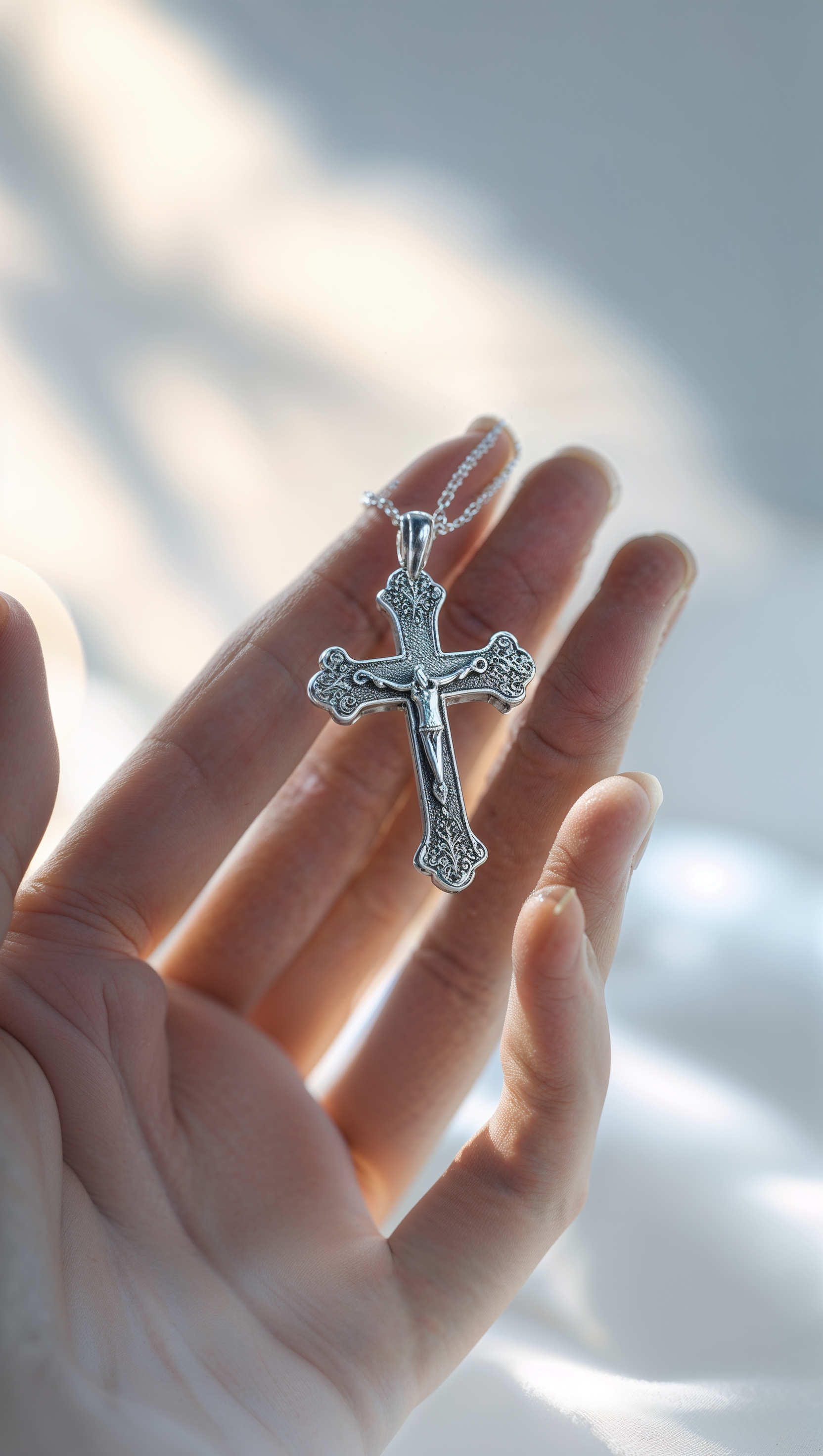 Hand holding a small silver cross with blurred background of light