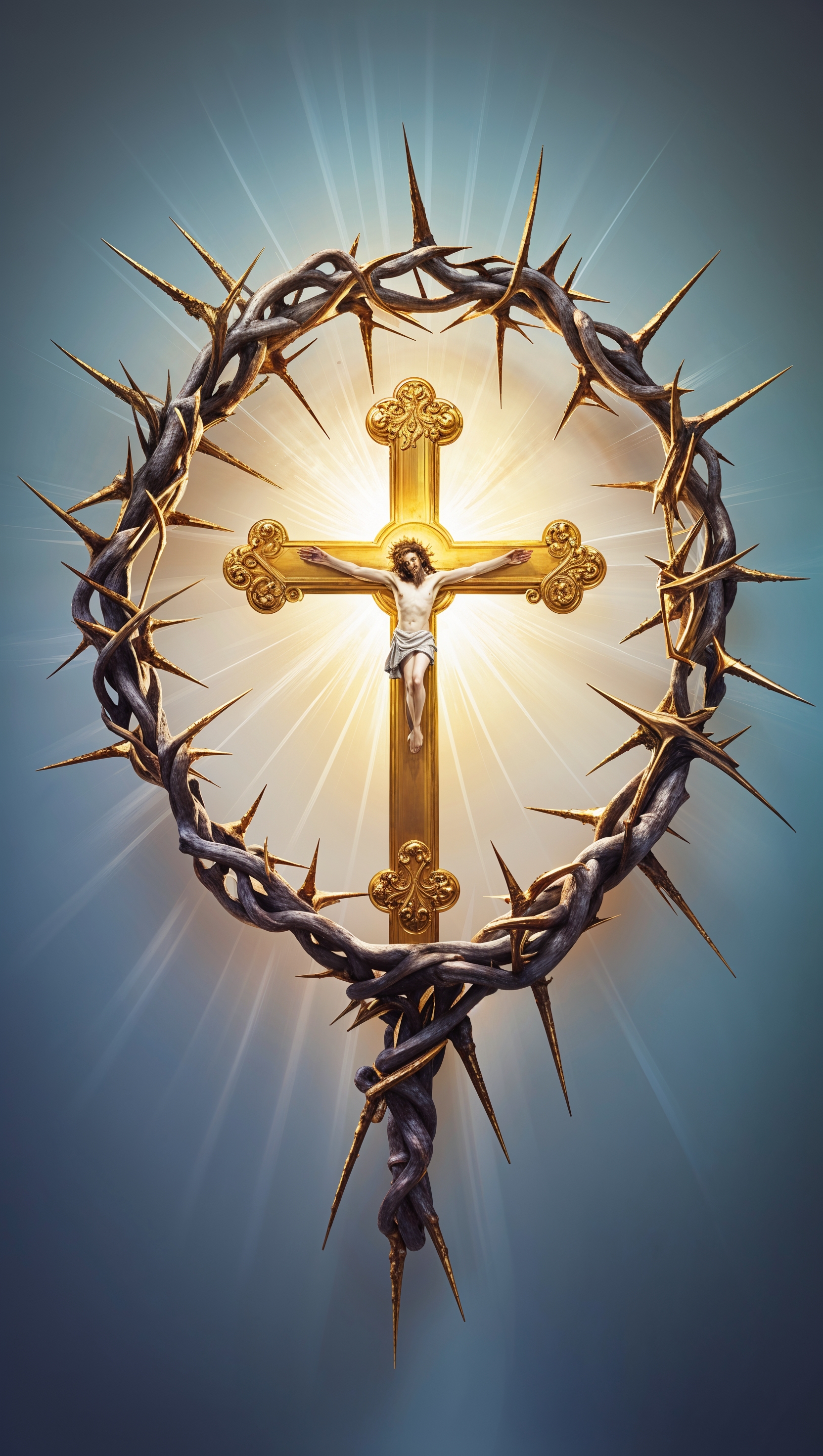Crown of thorns surrounding a glowing cross in center, symbolic strength