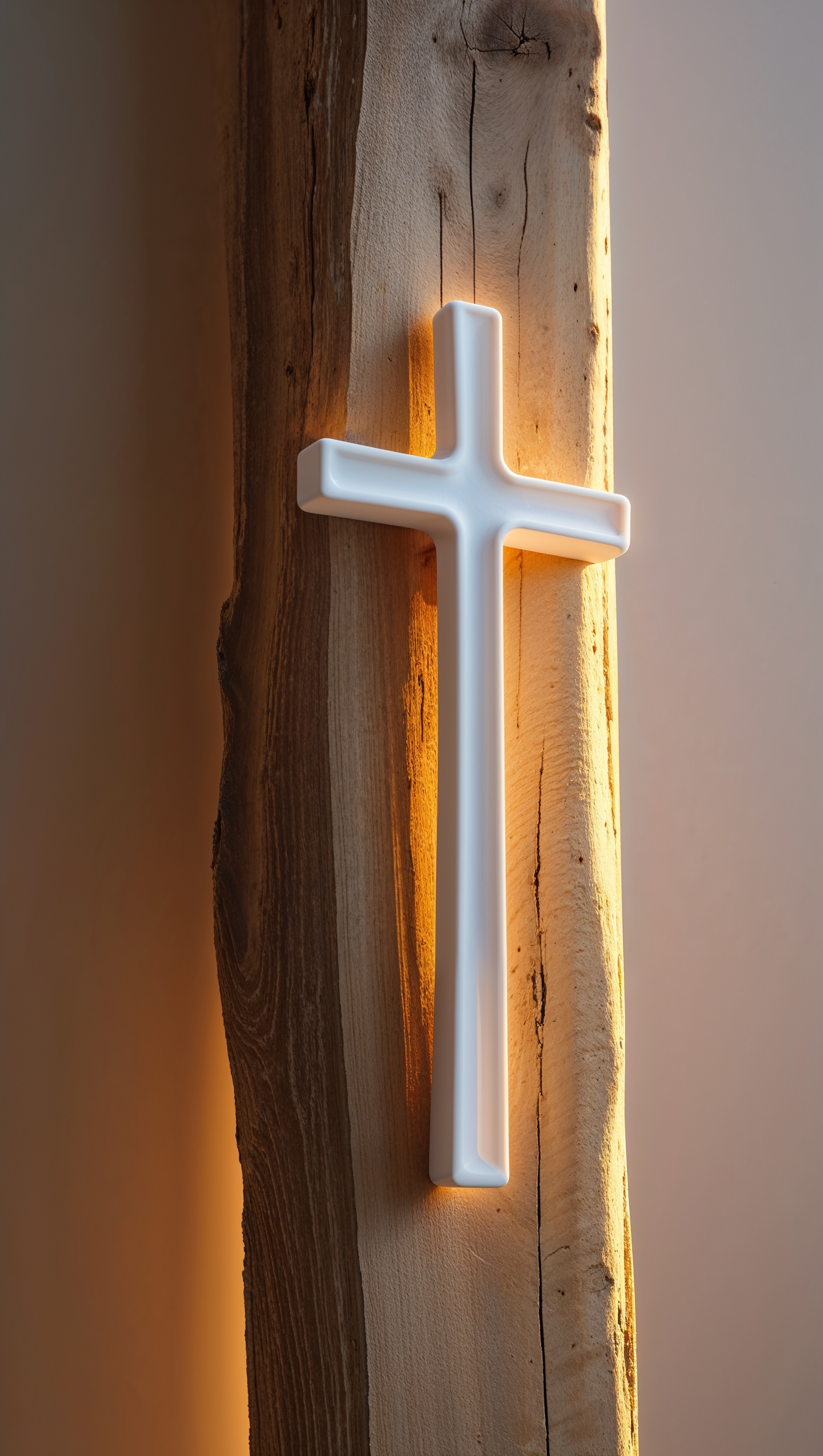 Simple white cross carved into a wooden surface with warm lighting