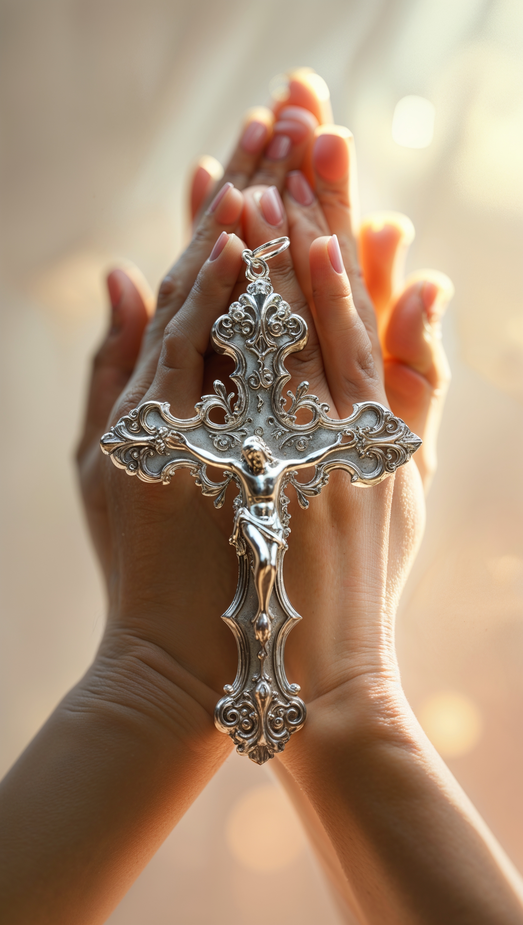 Cross resting on open hands in prayer position, with soft background blur