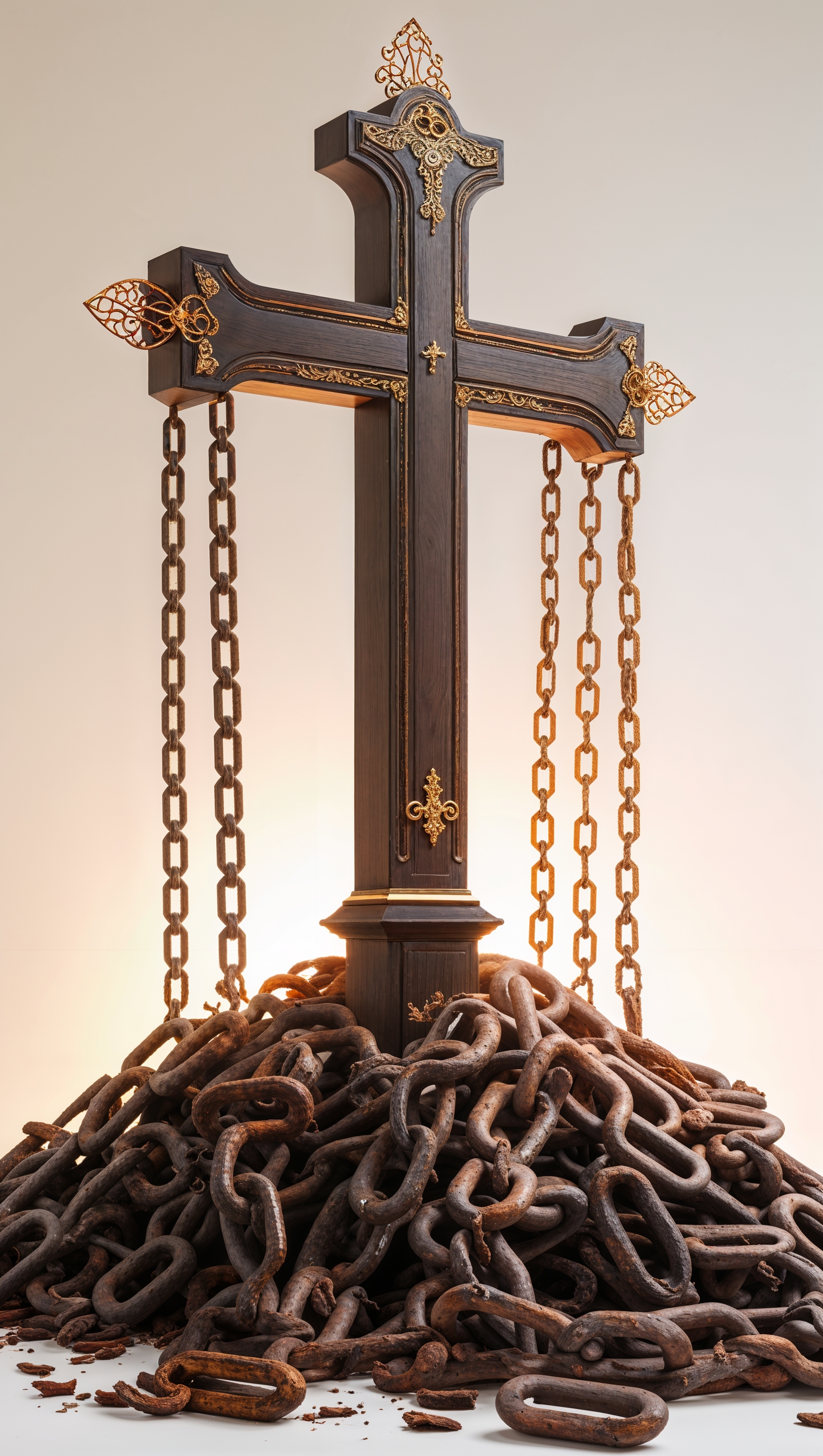 Broken chains around a standing cross, symbol of freedom