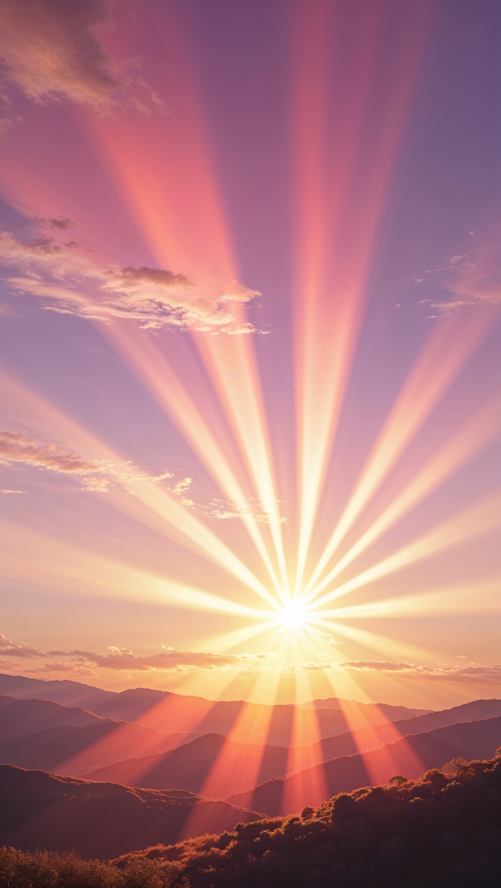 Sunset forming cross-shaped sun rays over distant hills
