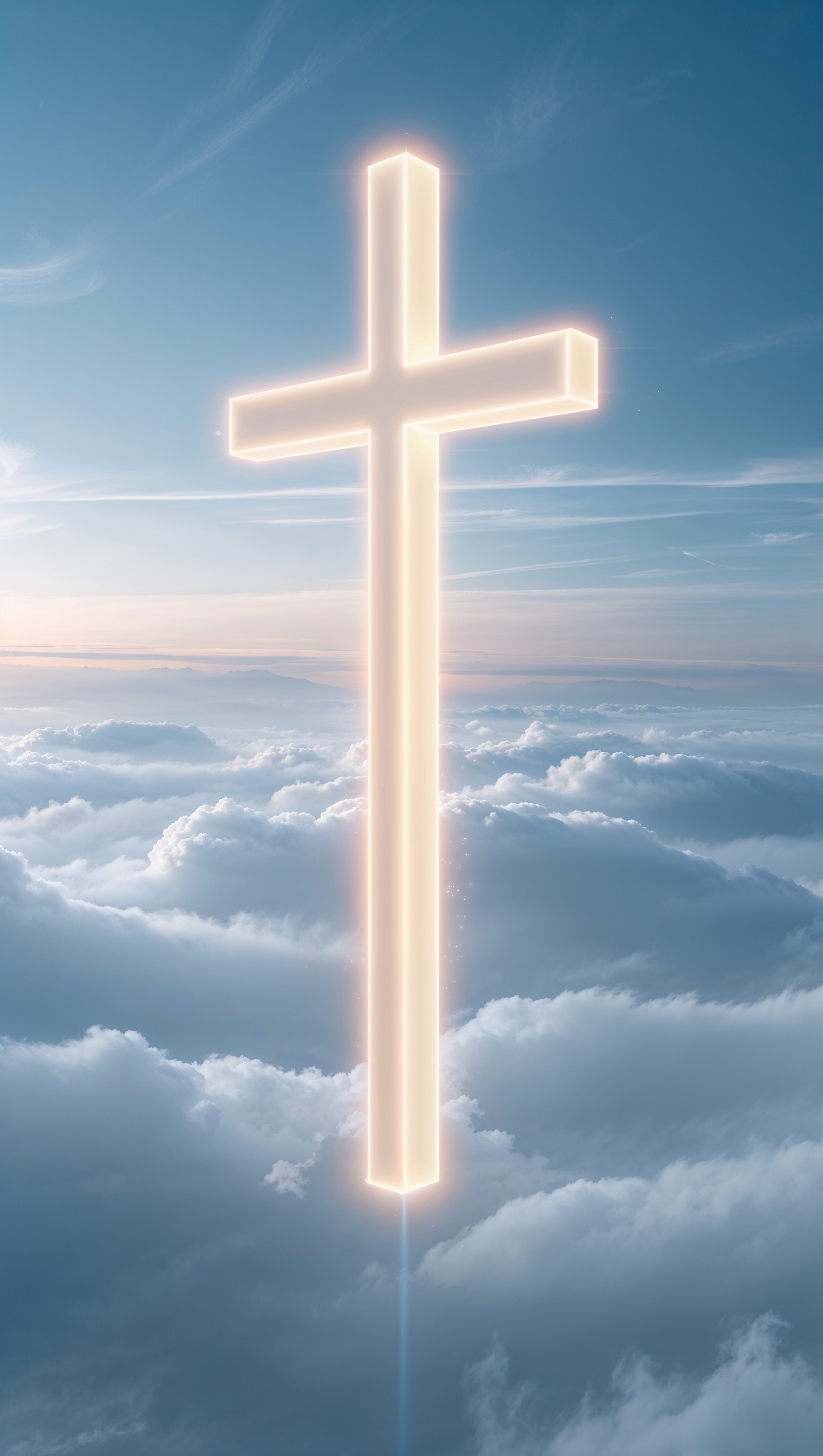 Floating white cross over clouds, with heavenly glow and clear blue sky