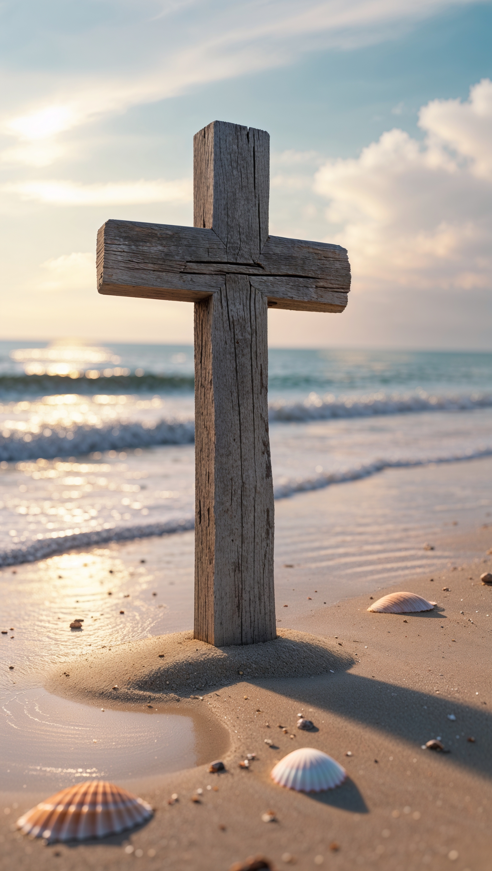 Wooden cross in the sand on a quiet beach with gentle waves