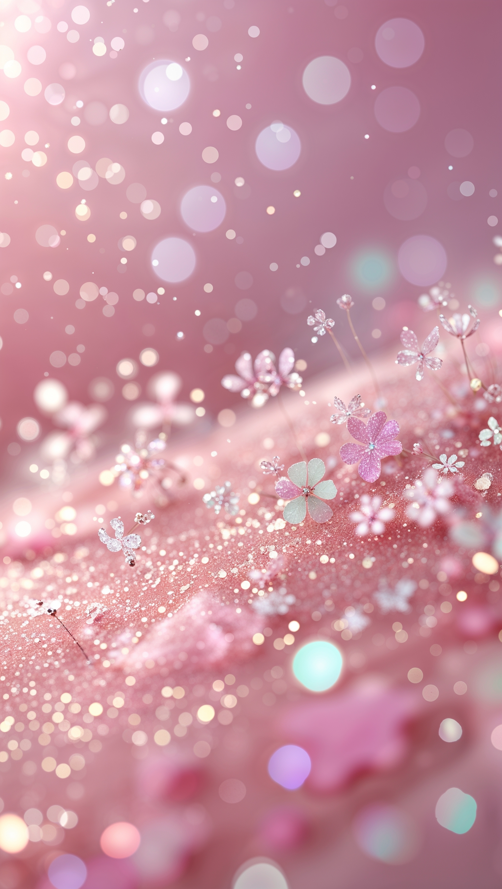 Light pink background with scattered glitter particles and soft bokeh effect