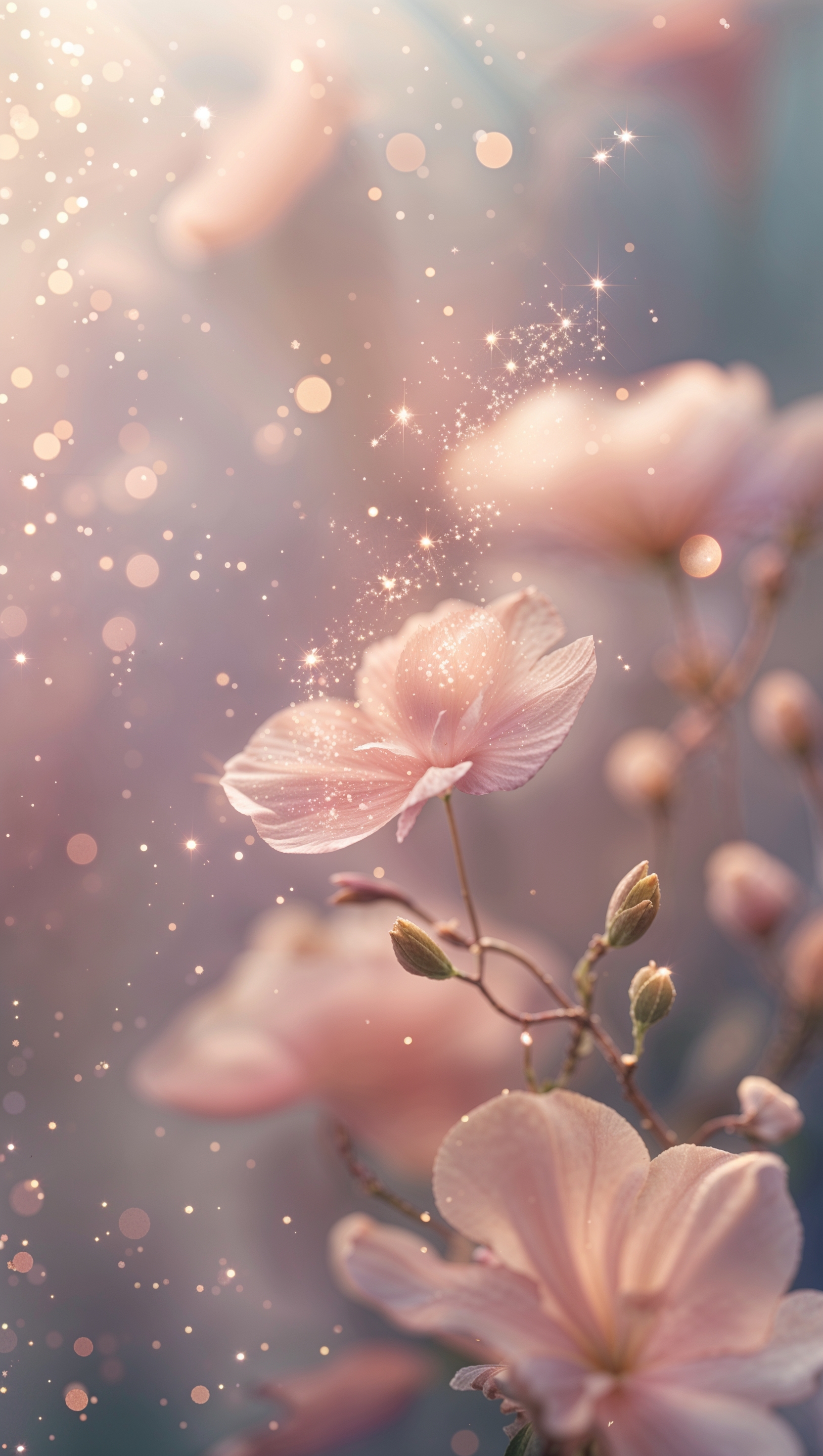 Subtle sparkle overlay on a blurred floral background, romantic aesthetic