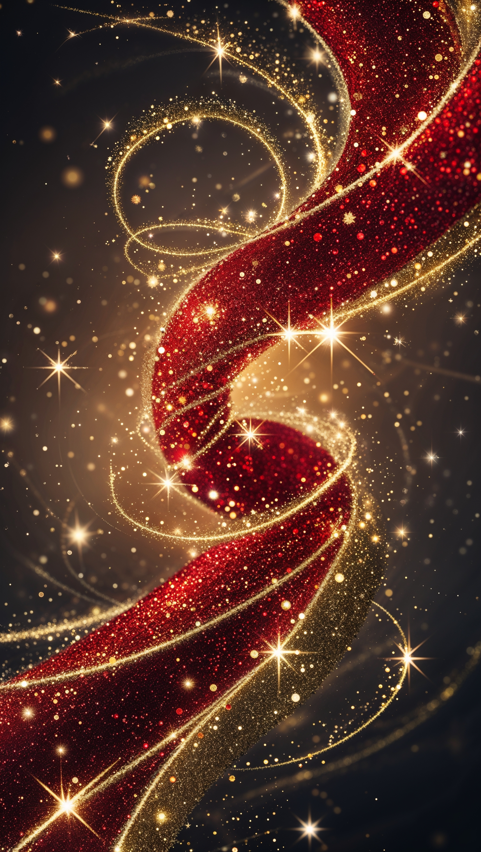 Red and gold glitter swirl with glowing sparkle trails, festive design