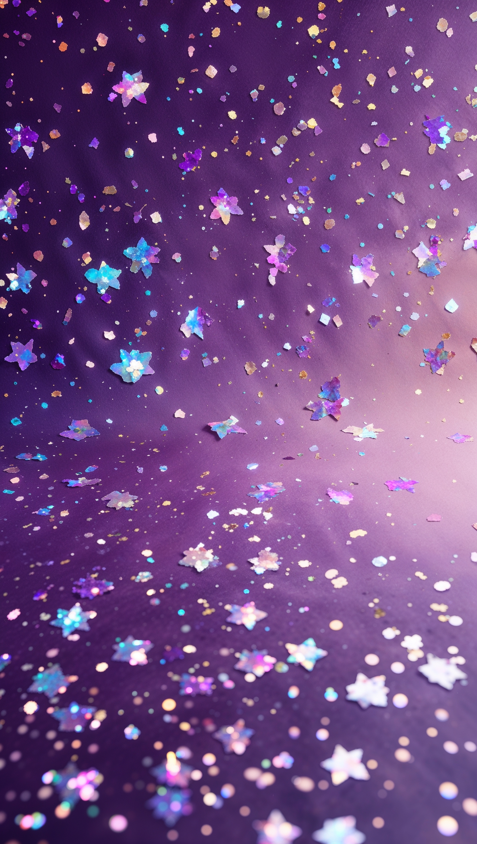 Deep purple background with large glitter flakes and soft illumination