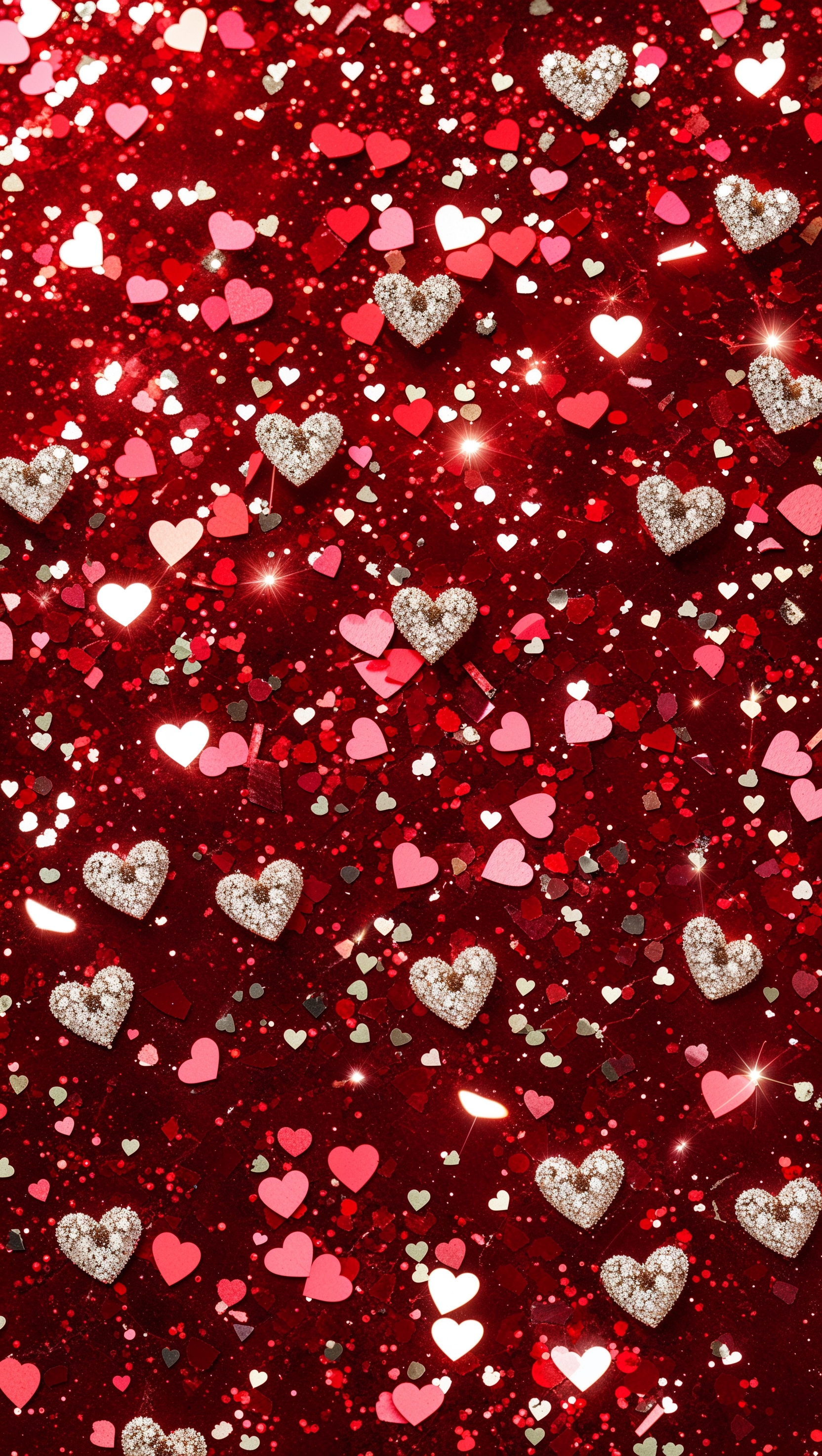 Red glitter background with heart-shaped sparkles, romantic and vibrant