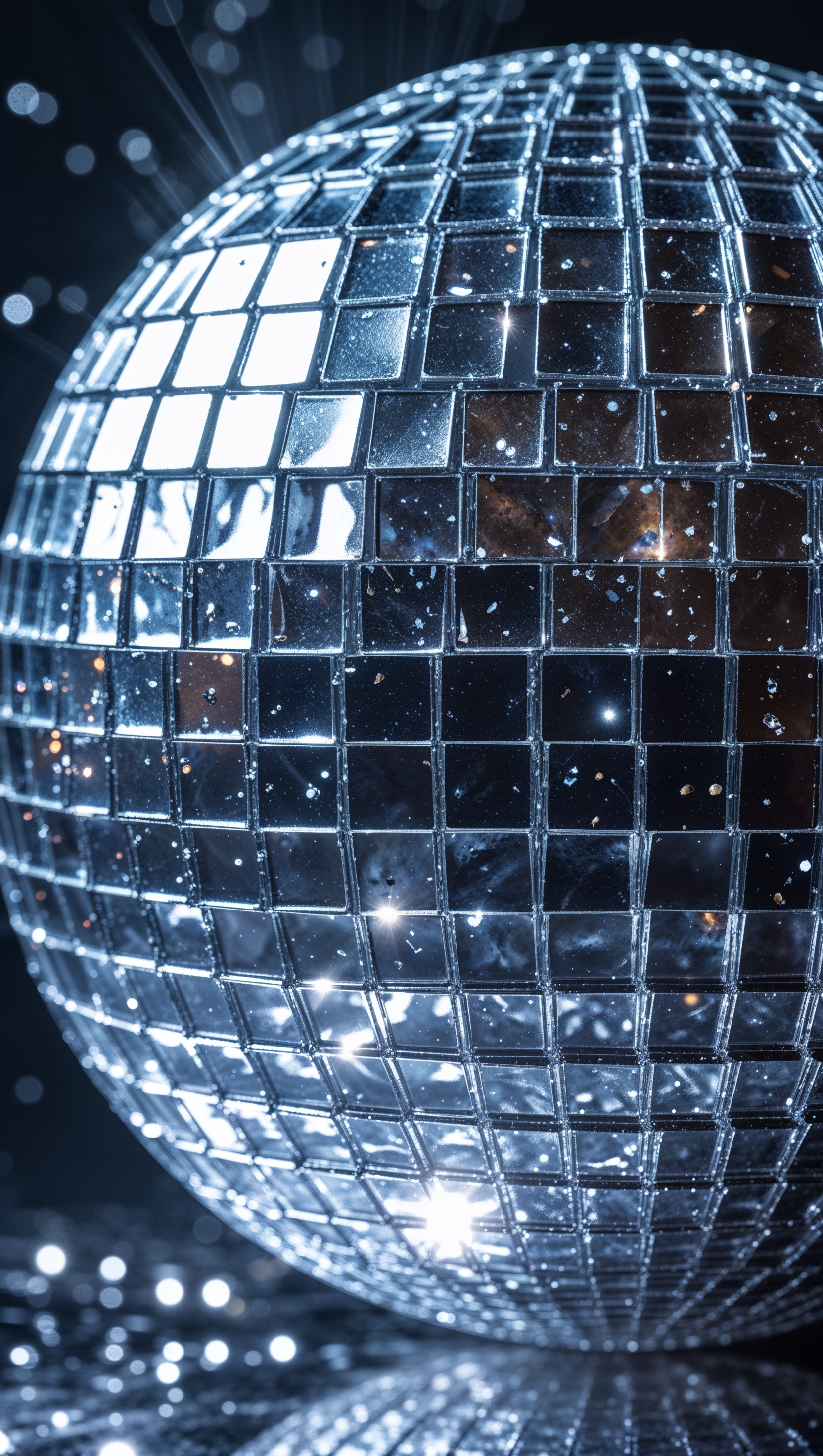 Sparkly disco ball texture in silver, glowing with reflective sparkles