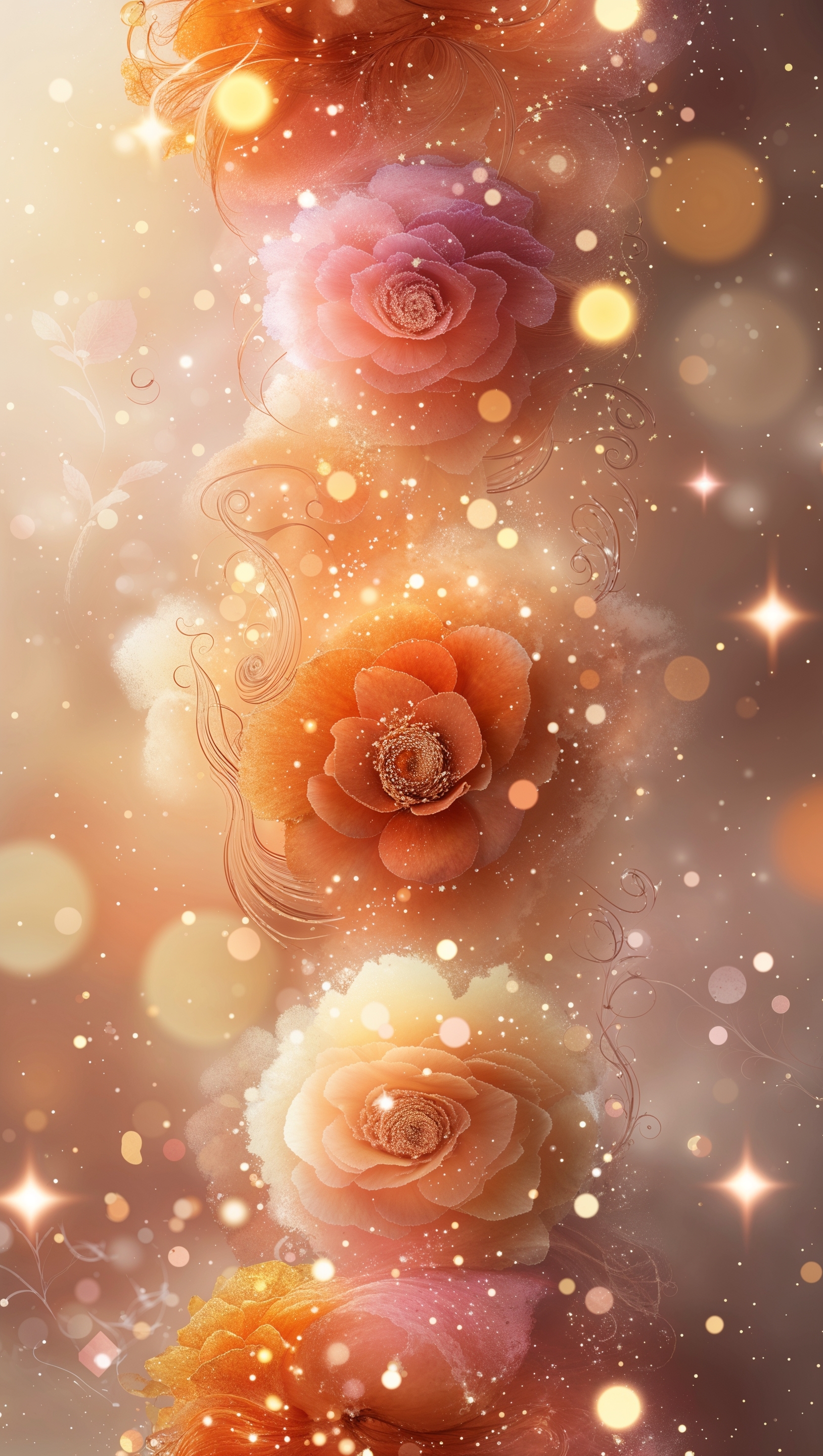 Bokeh sparkle lights in warm sunset tones, elegant vertical layout
