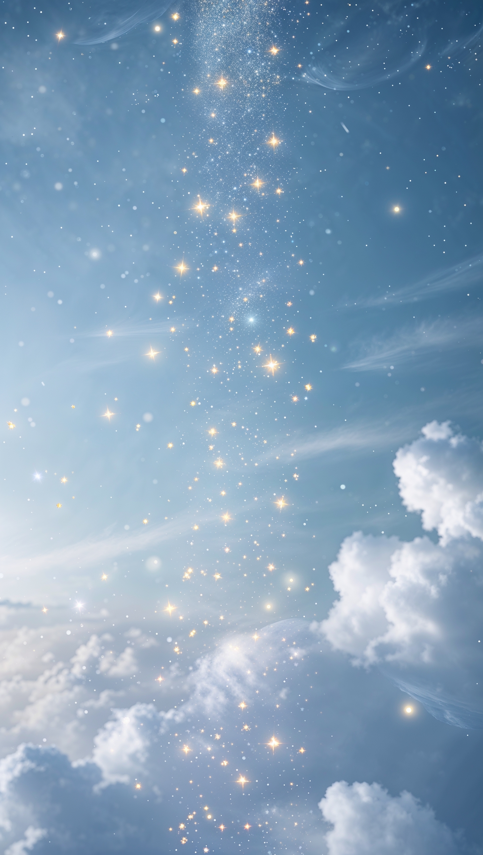 Floating glitter stars on a vertical blue sky with soft clouds