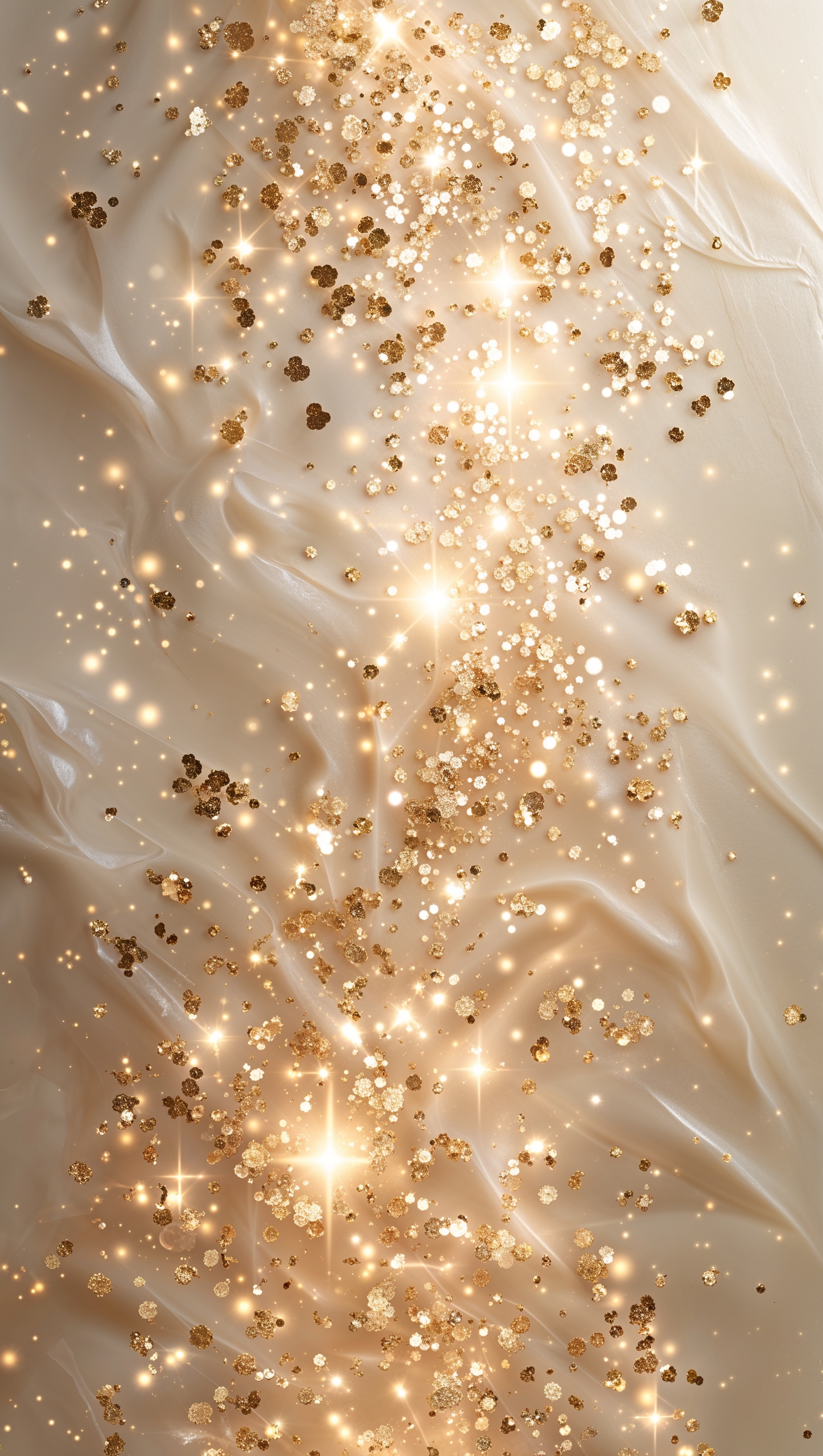 Vertical soft cream background with gold sparkles and glowing light texture