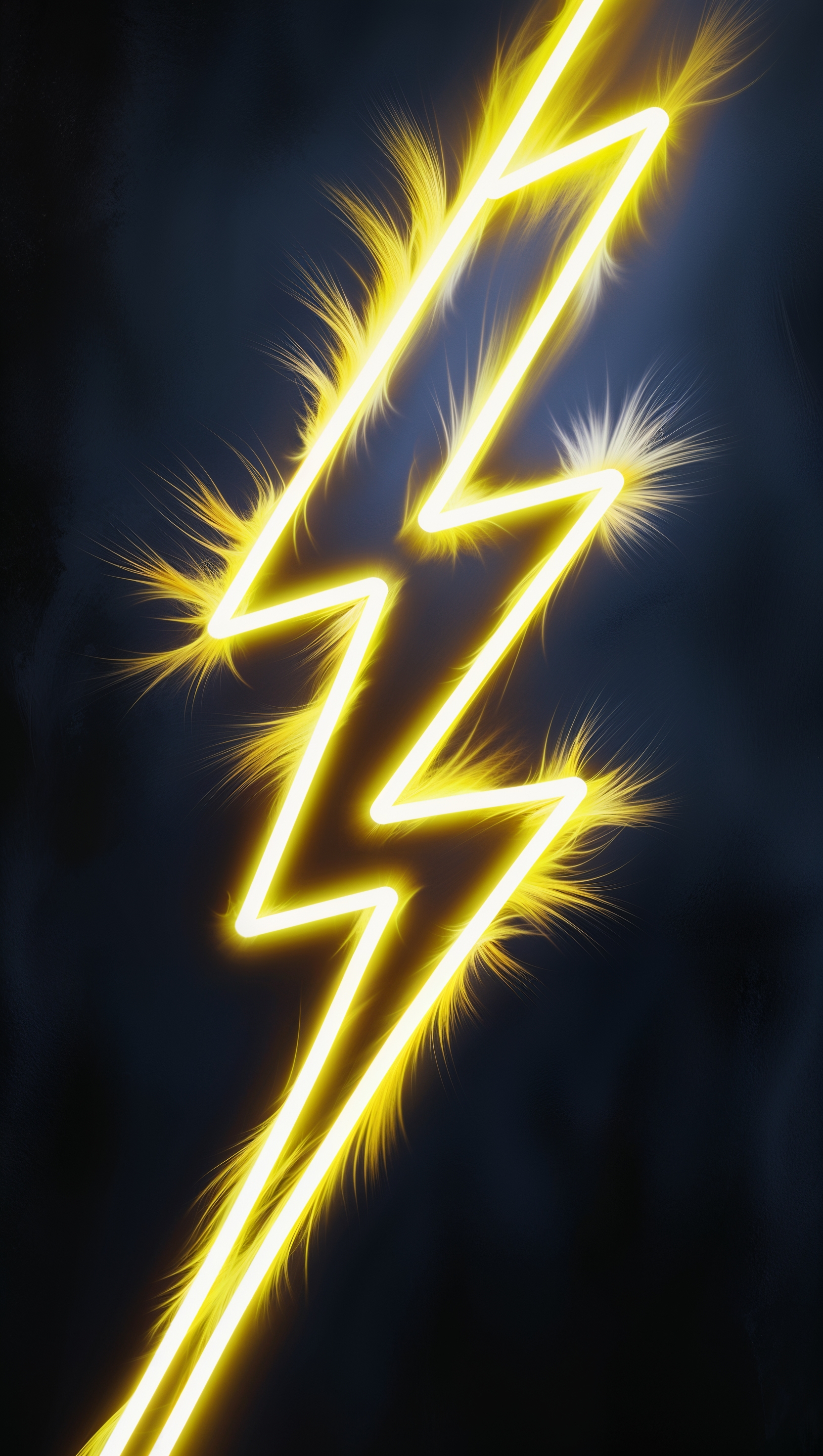 Neon lightning bolt over black background, glowing yellow-white with soft shadows