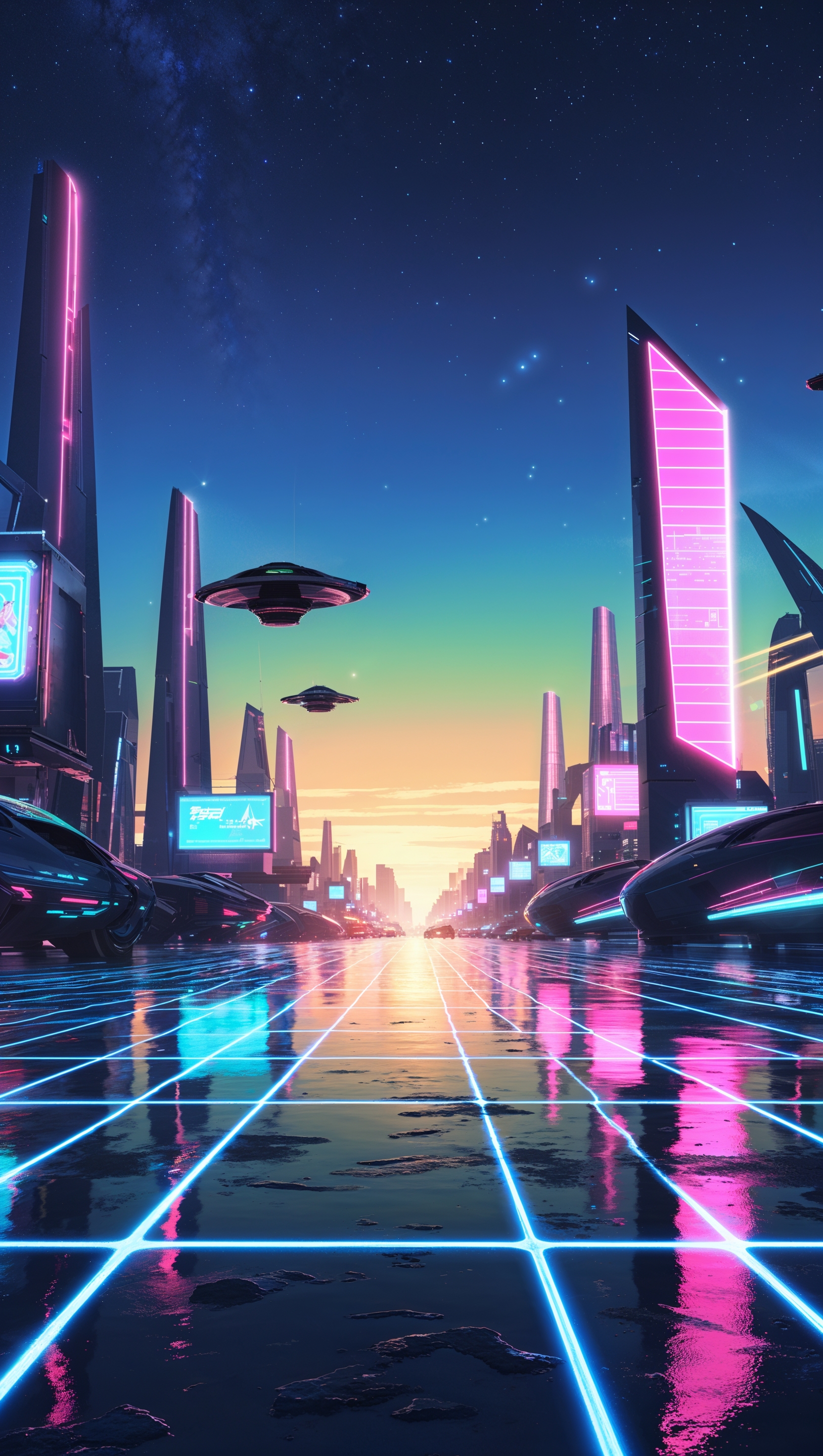 Neon grid landscape with a glowing horizon and retro 80s sci-fi vibe