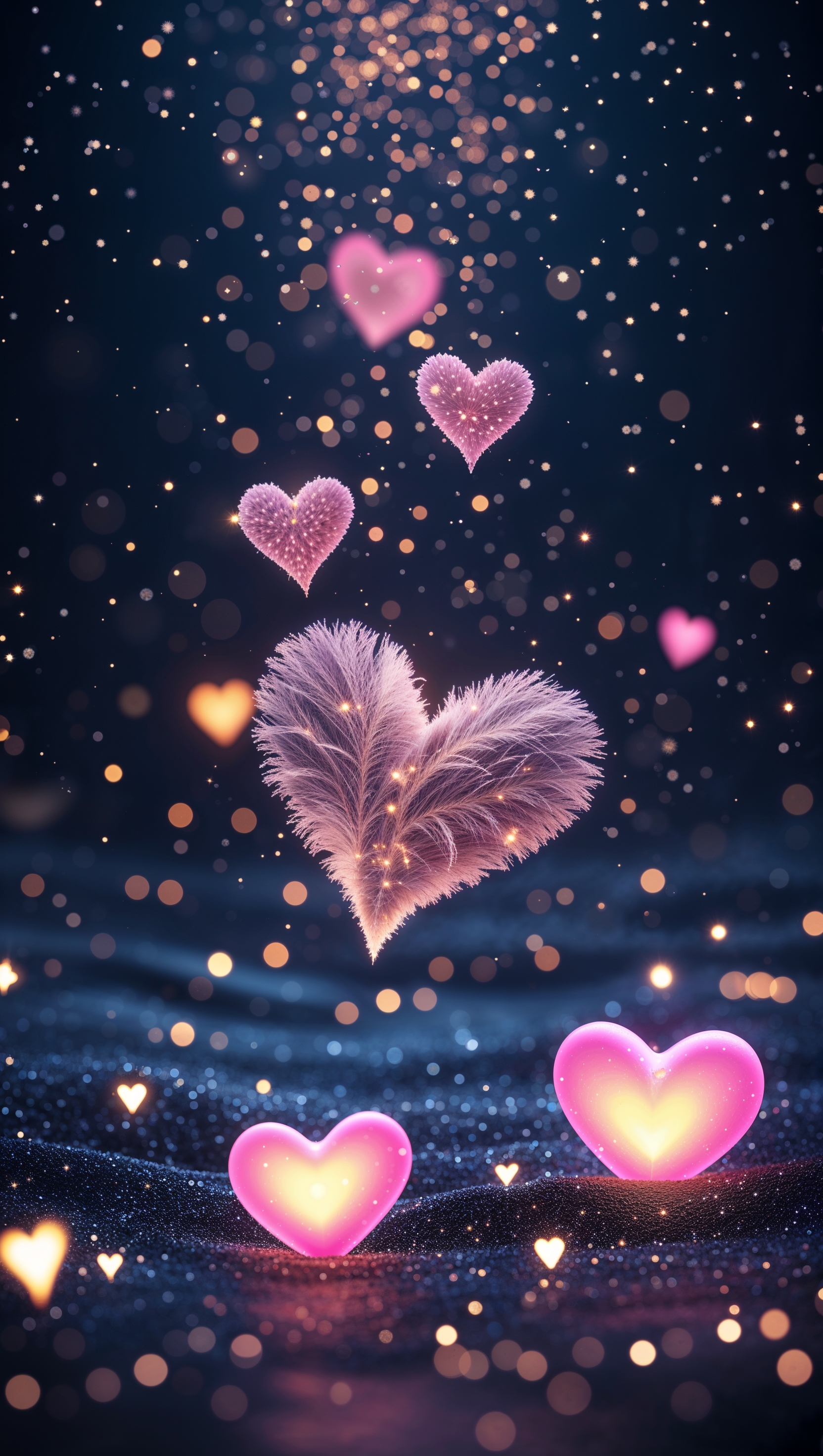 Neon hearts and stars floating in dark space with bokeh light particles