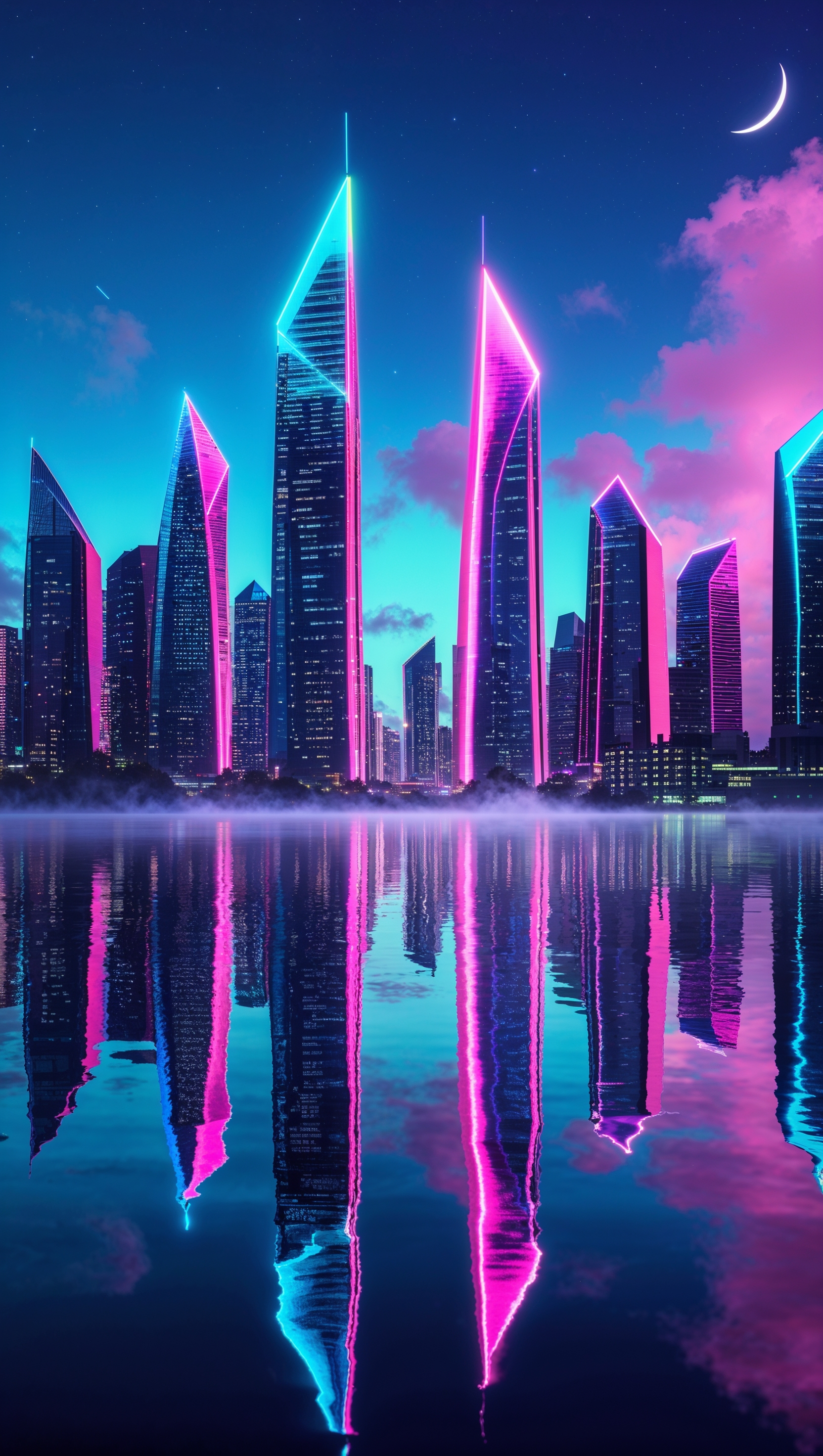 Neon aesthetic skyline with glowing skyscrapers and reflections on water