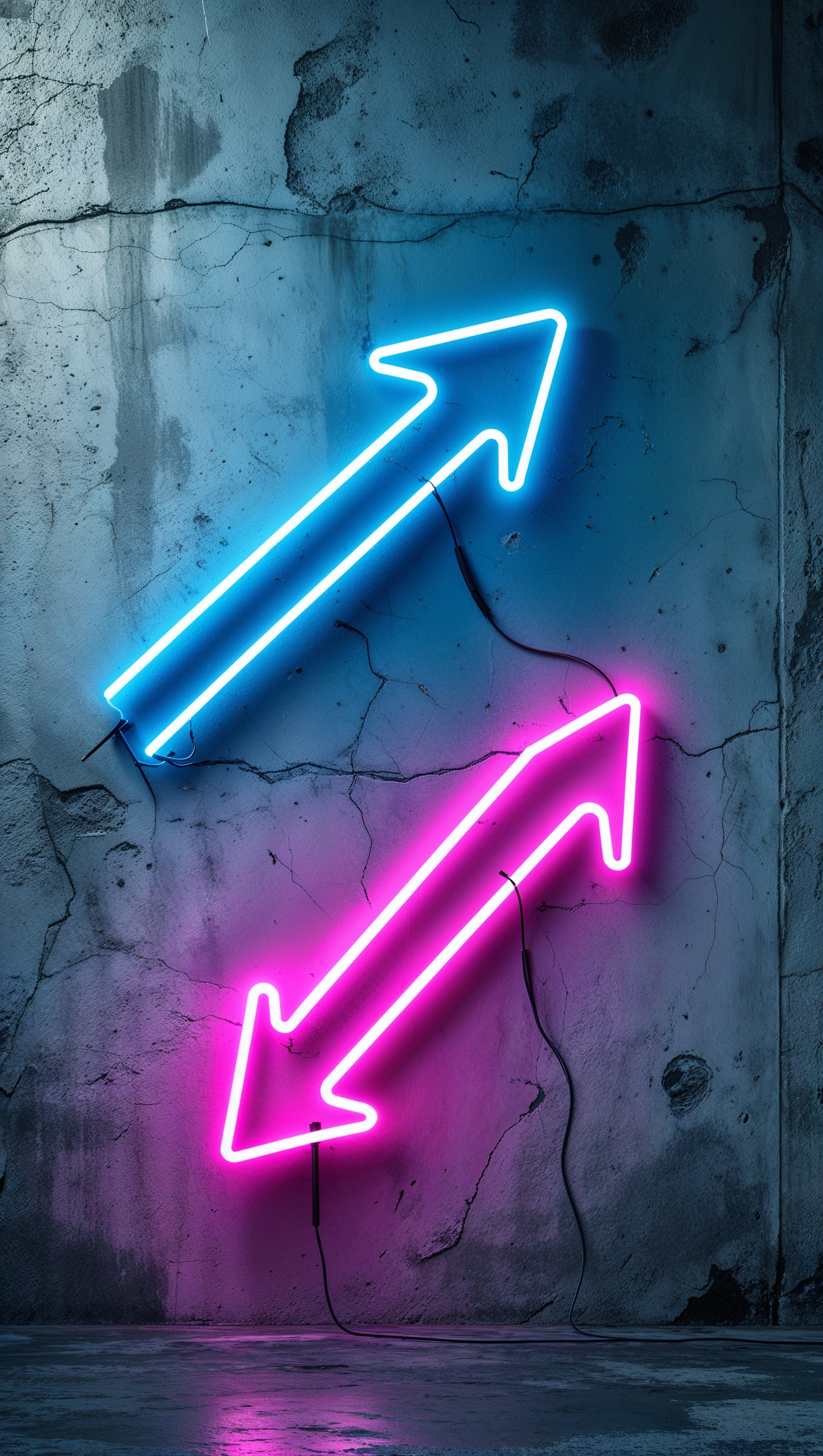 Bright neon arrows pointing in opposite directions, on a concrete-textured wall