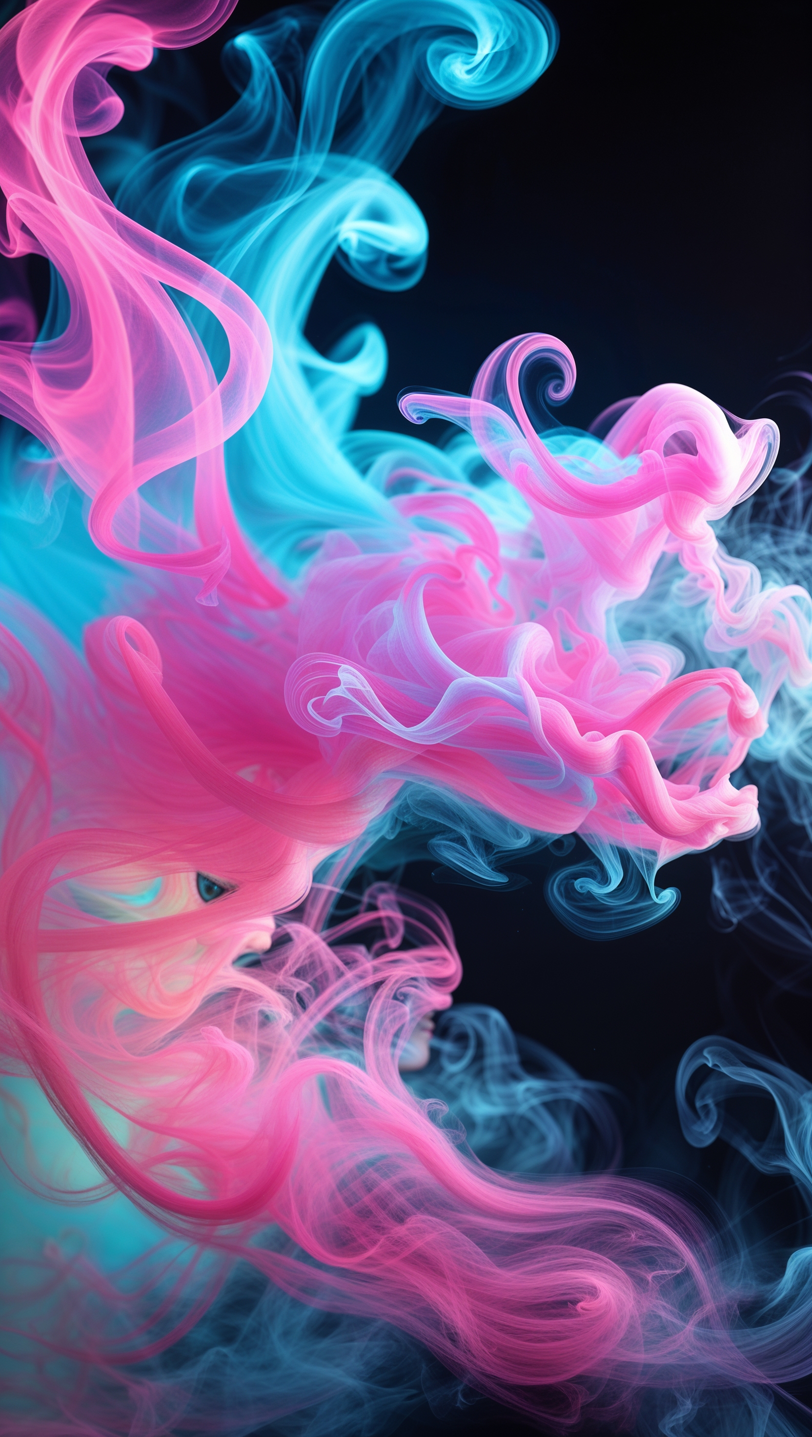 Neon smoke effect swirling in pink and cyan tones on black background