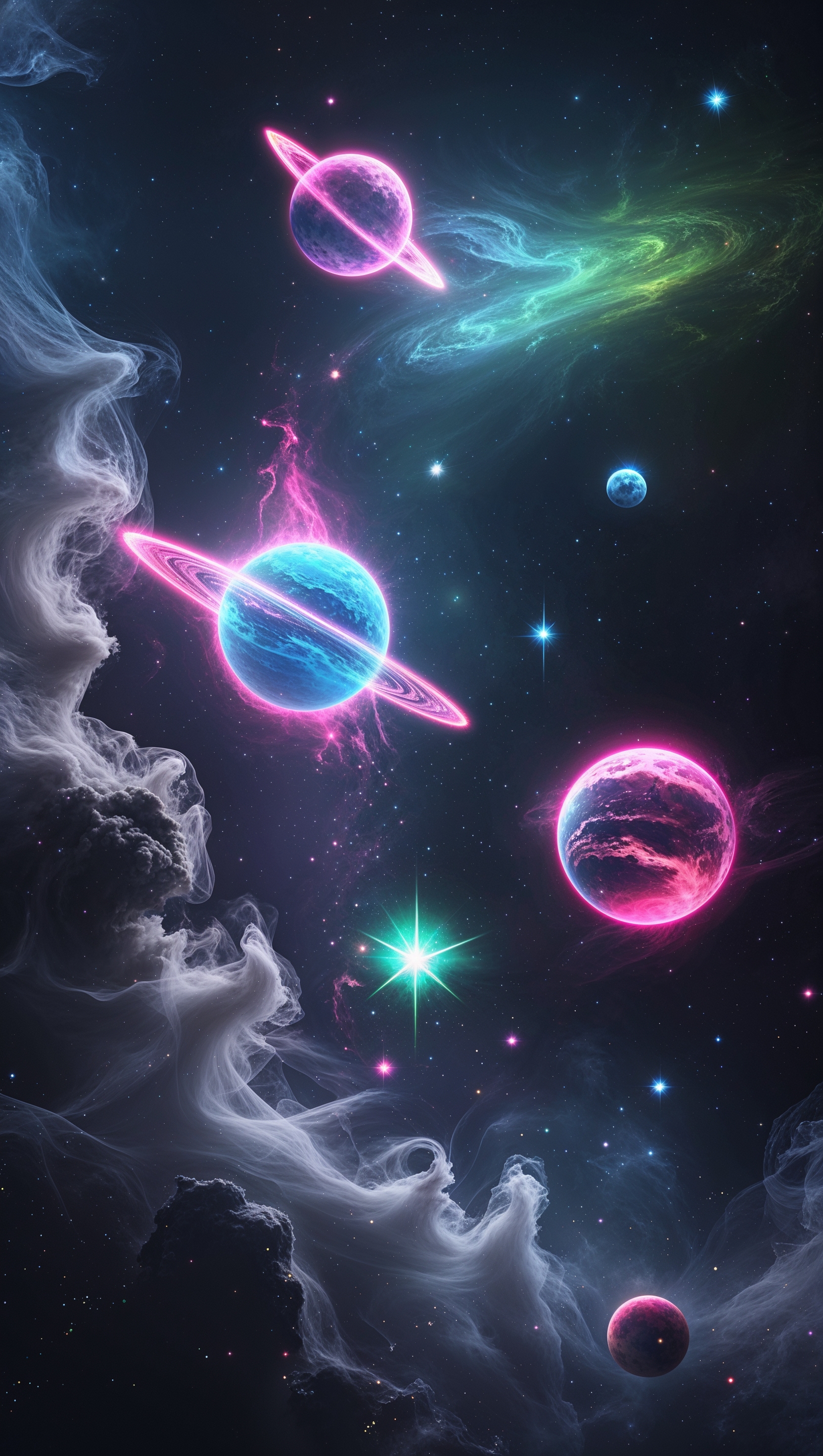 Glowing neon planets and stars in a sci-fi space scene, vertical format