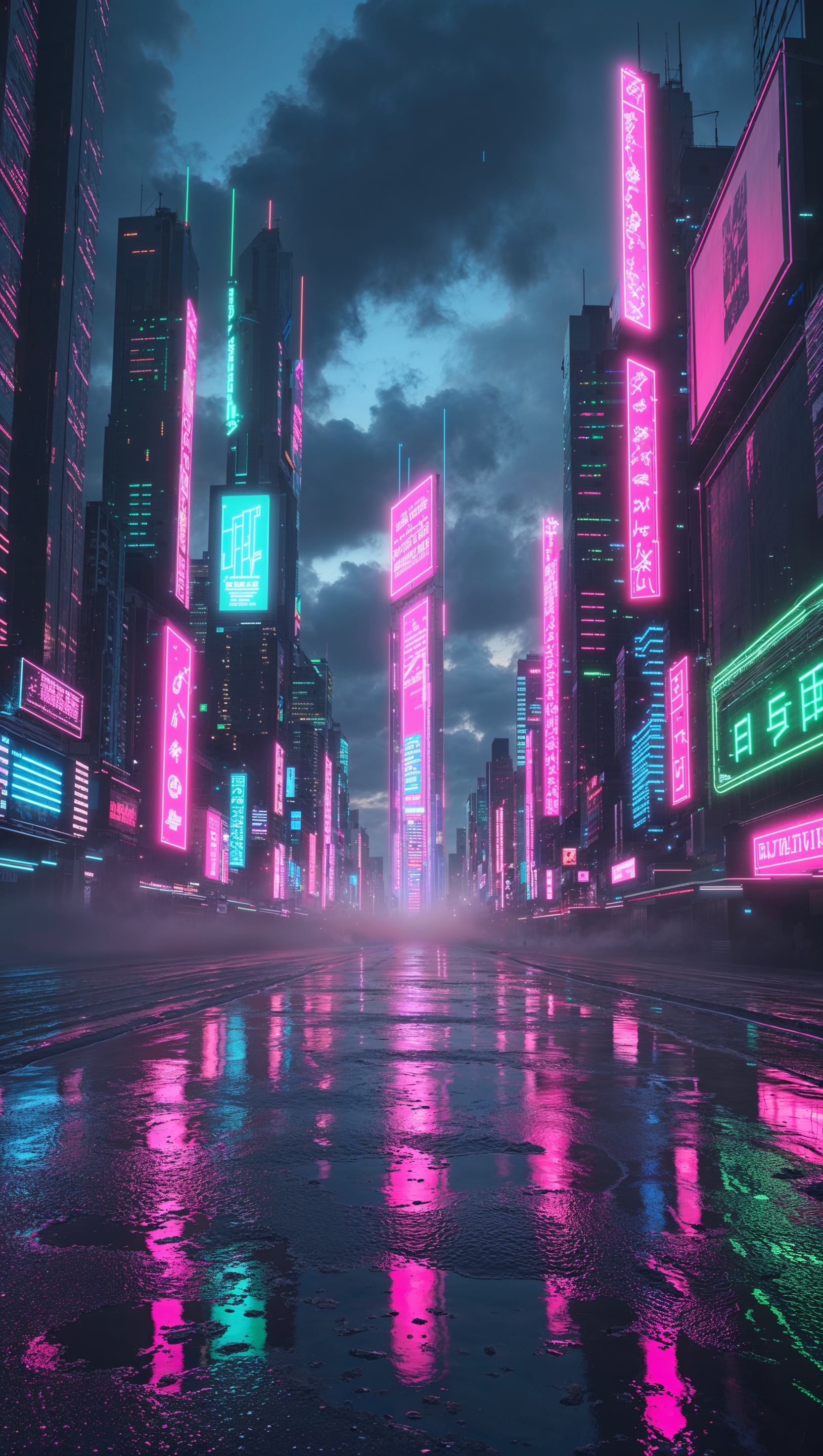 Cyberpunk neon cityscape with bright lights, rain effects, and reflective streets